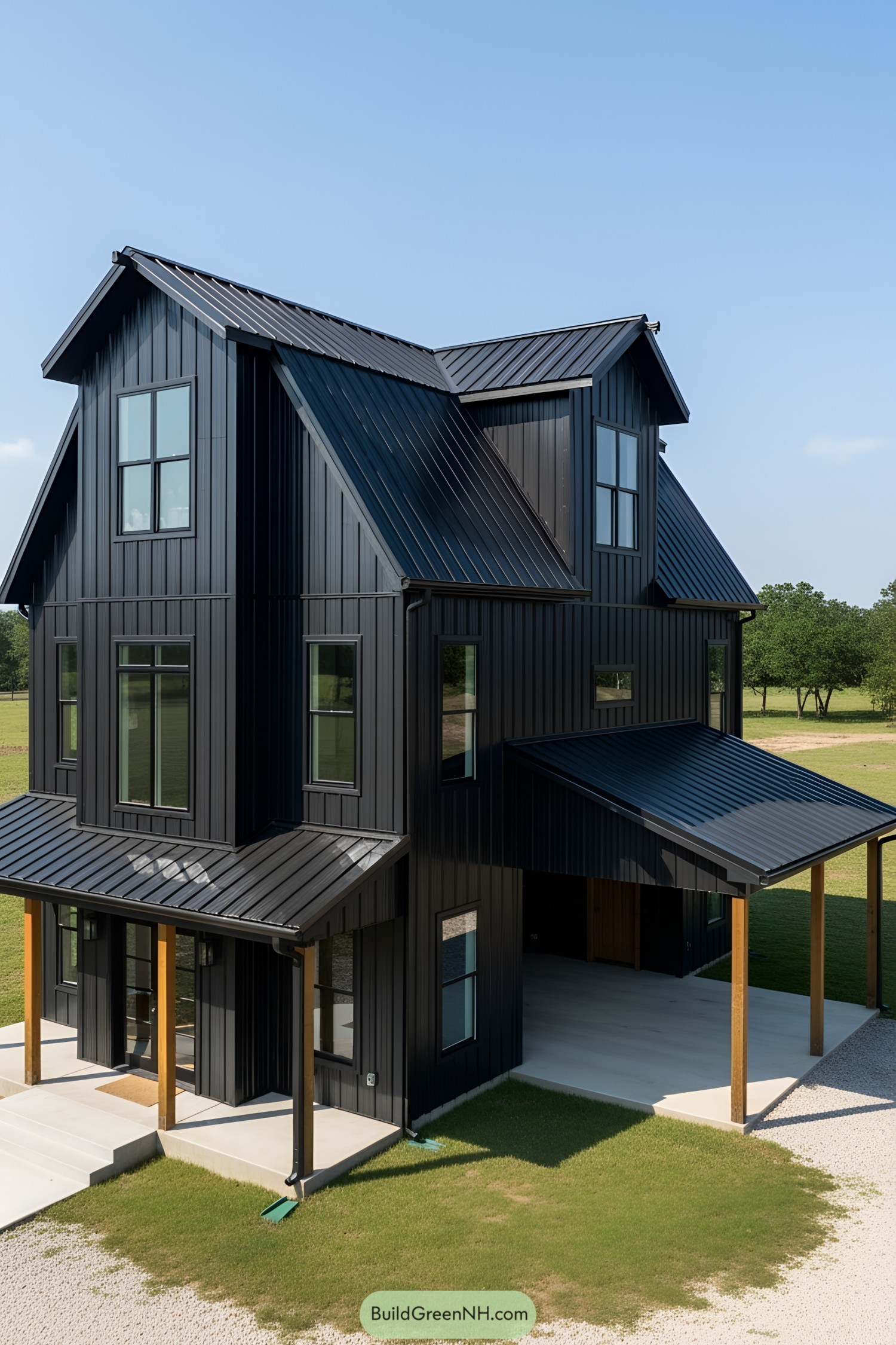 Tall barndominium with sleek black metal siding
