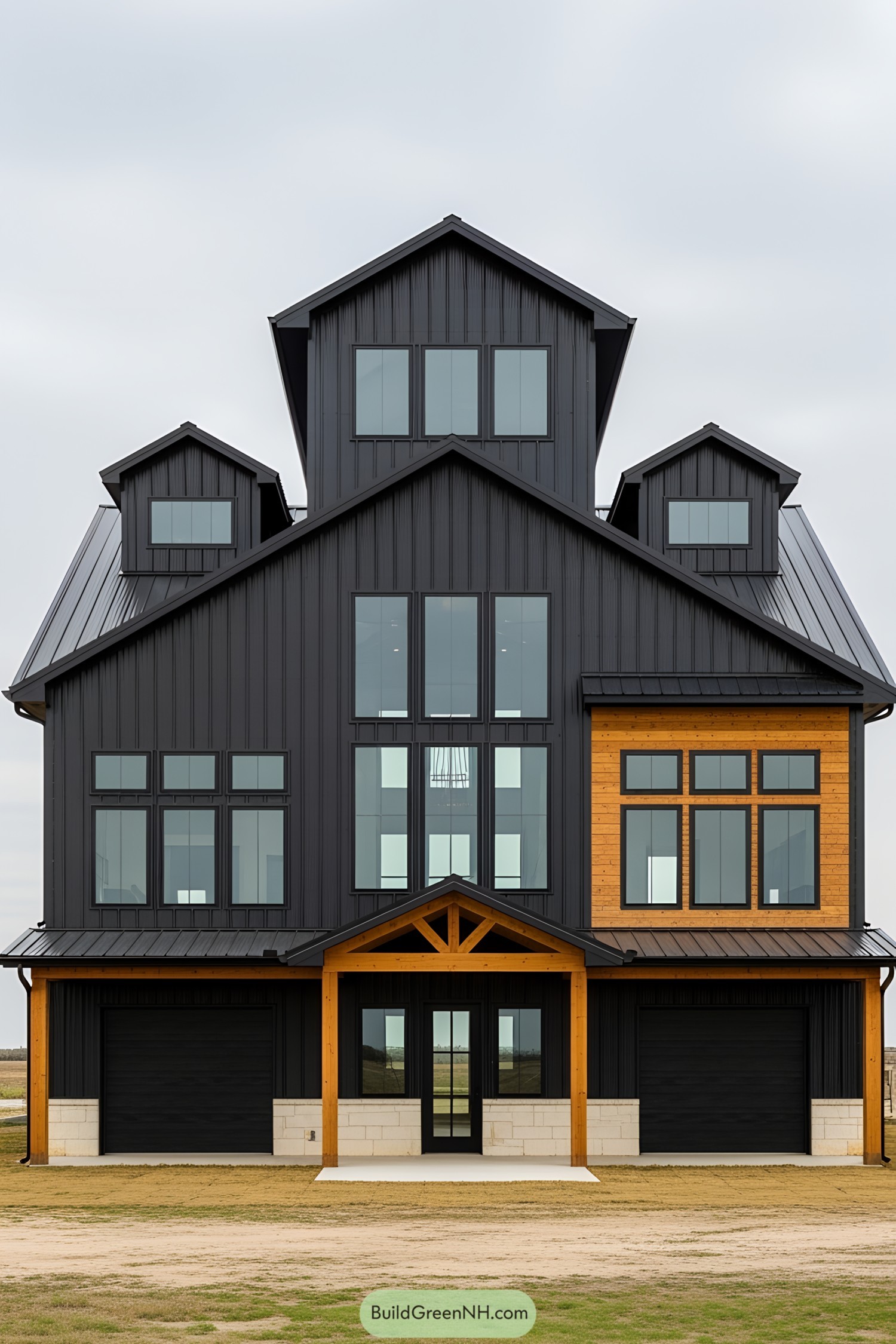 Tall, dark, and barn-like structure with numerous windows