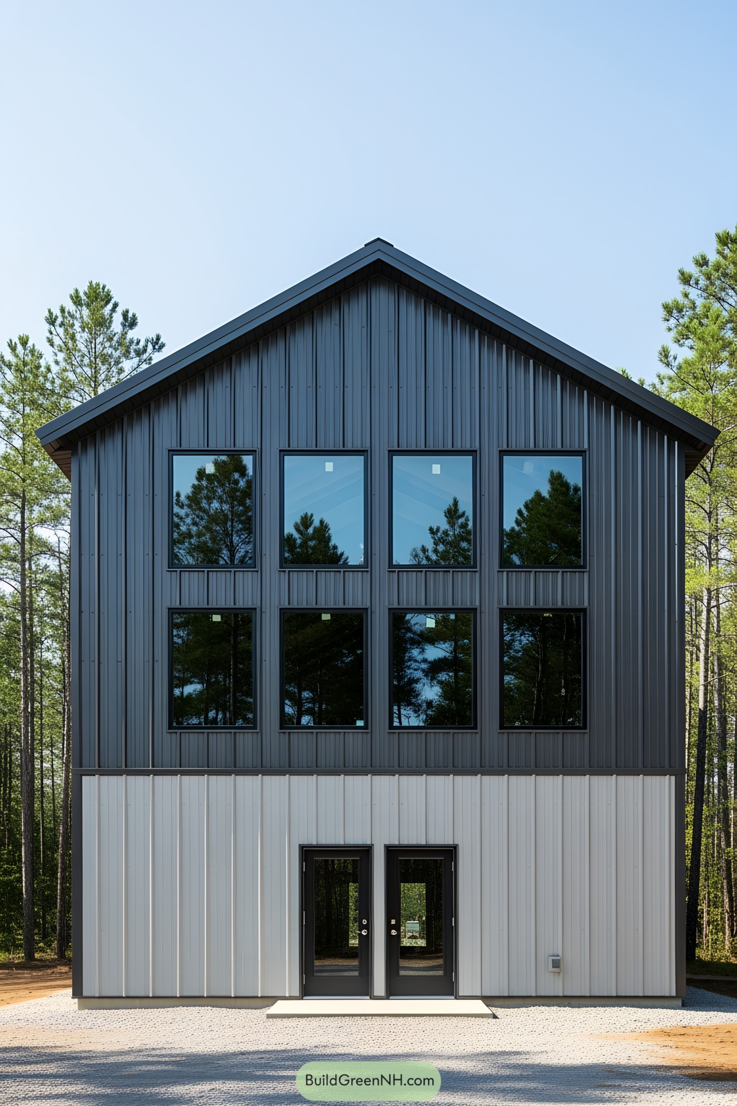 Tall metal barndominium with multiple windows