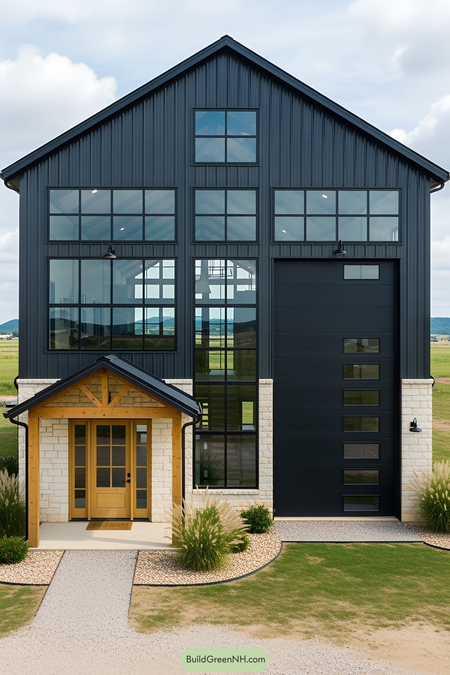 Tall and modern barndominium with large windows