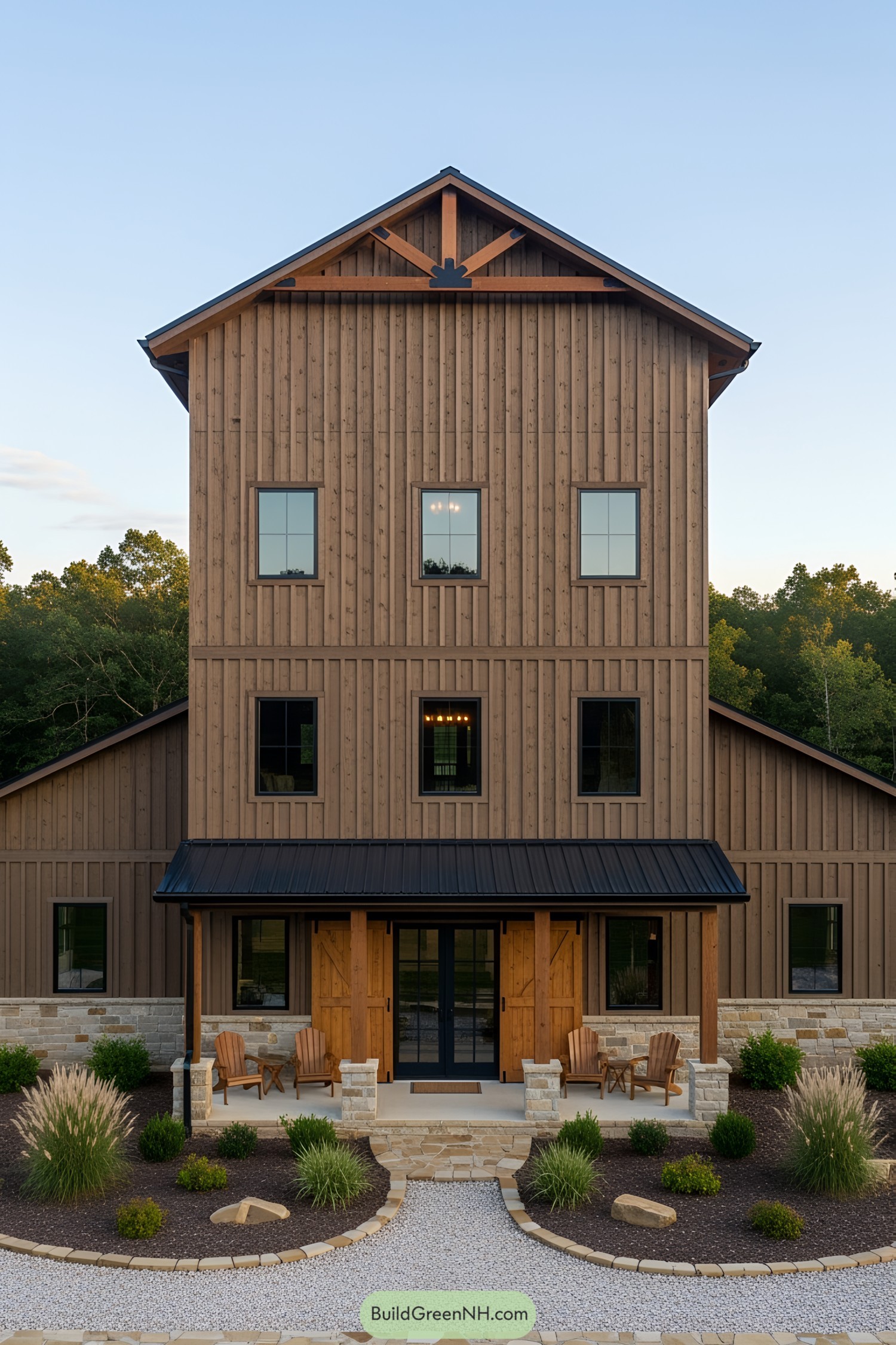 Tall rustic house with wooden facade and black roof