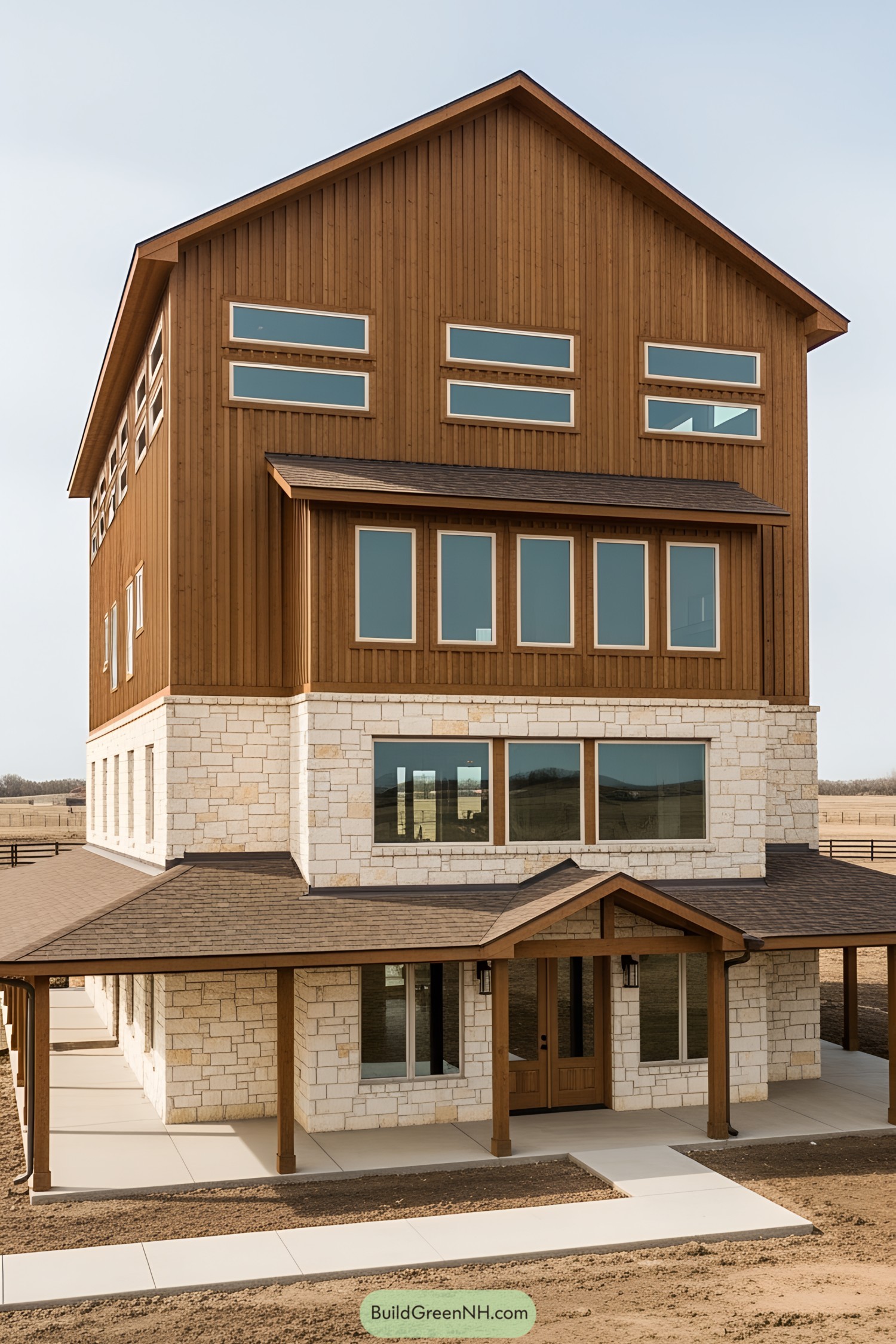 A towering barndominium with wood and stone elements and large windows