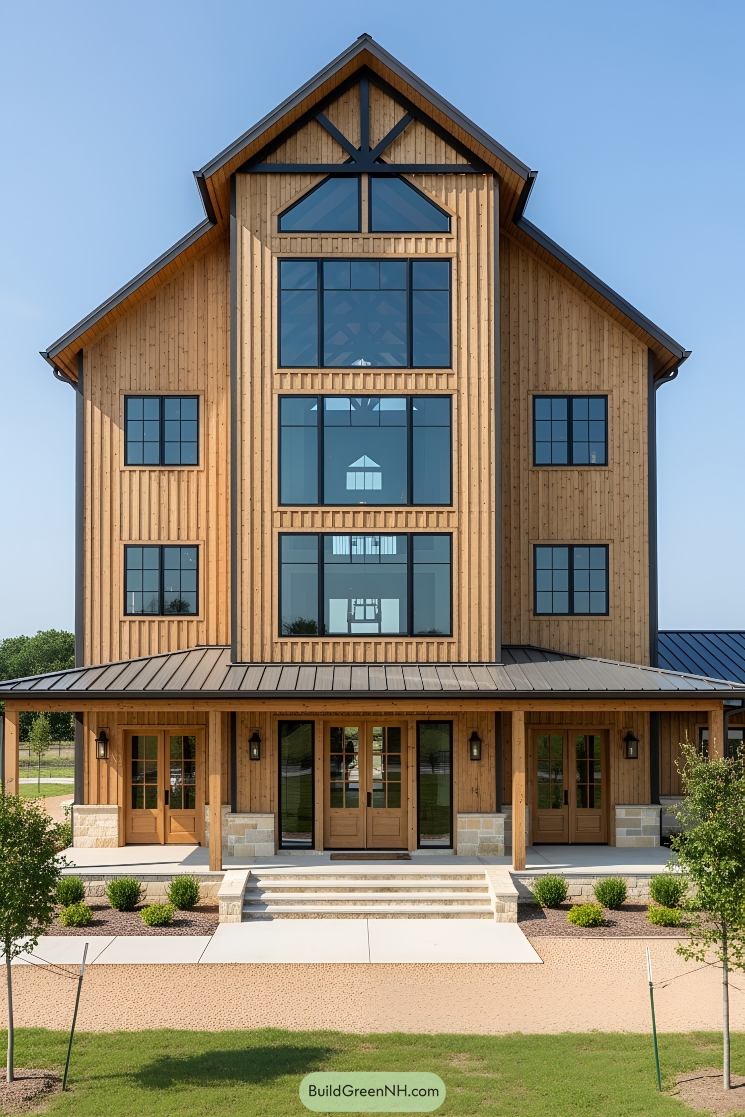 Tall wooden barndominium with plenty of windows