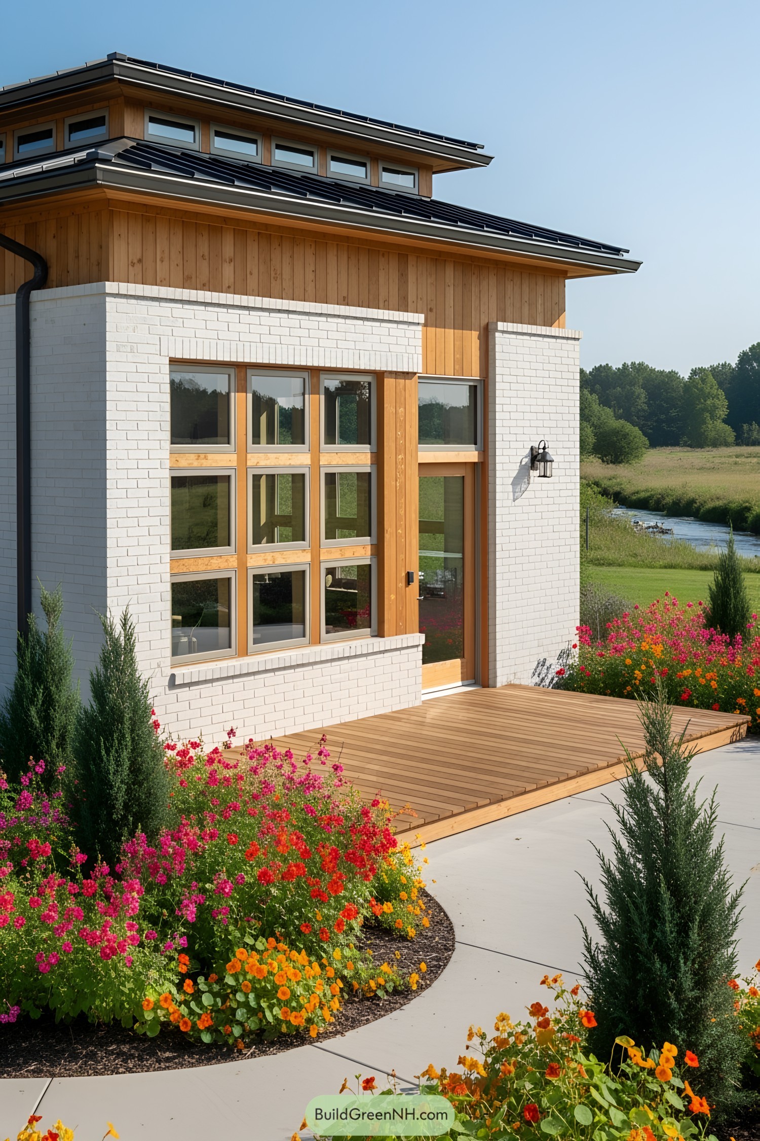 Tiny house with wooden deck surrounded by colorful flowers