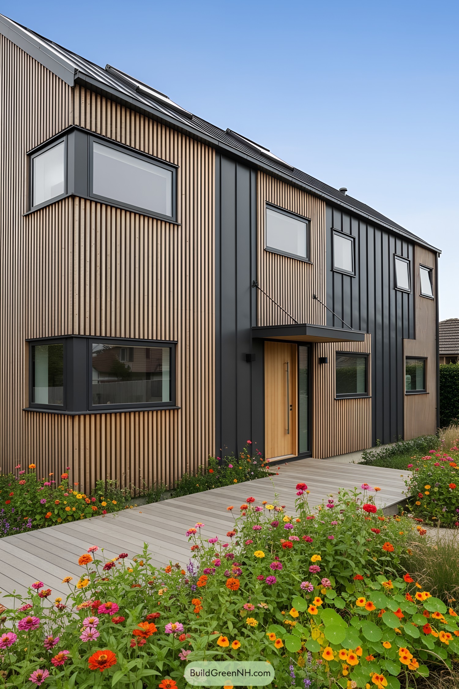 Tiny wooden house with a deck and flowers
