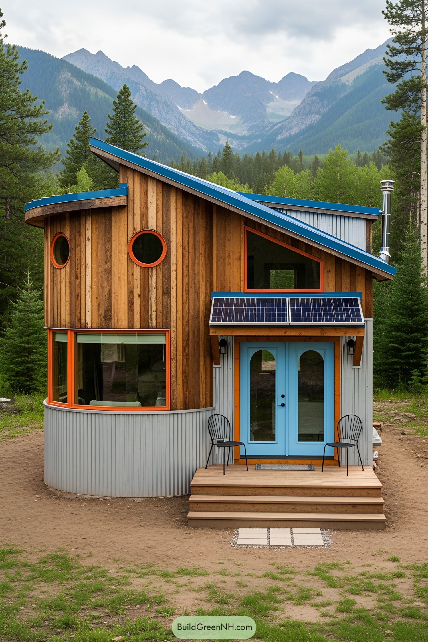 Small wooden house with colorful accents in a mountain setting