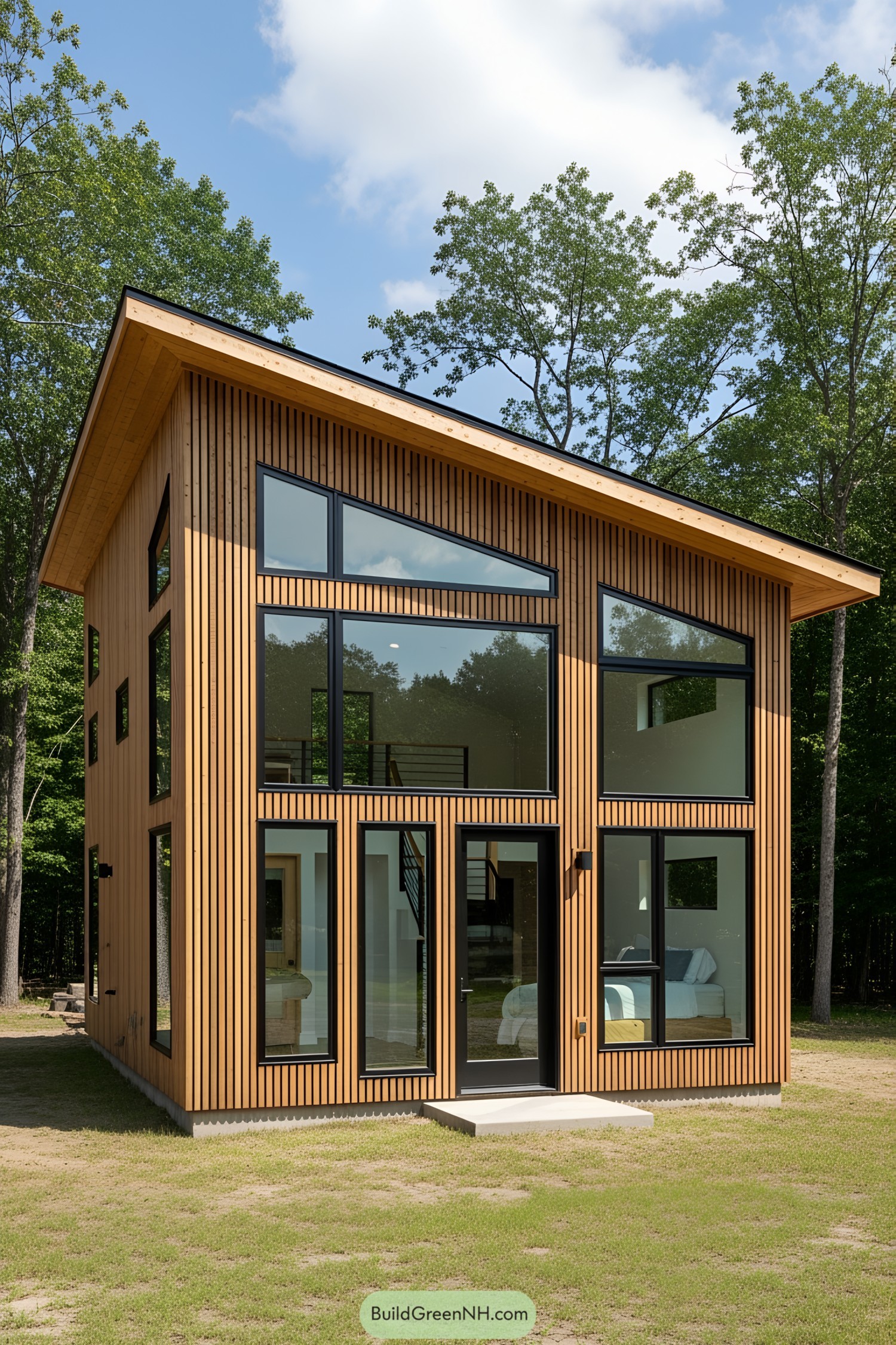 Compact modern cabin accented with tall windows