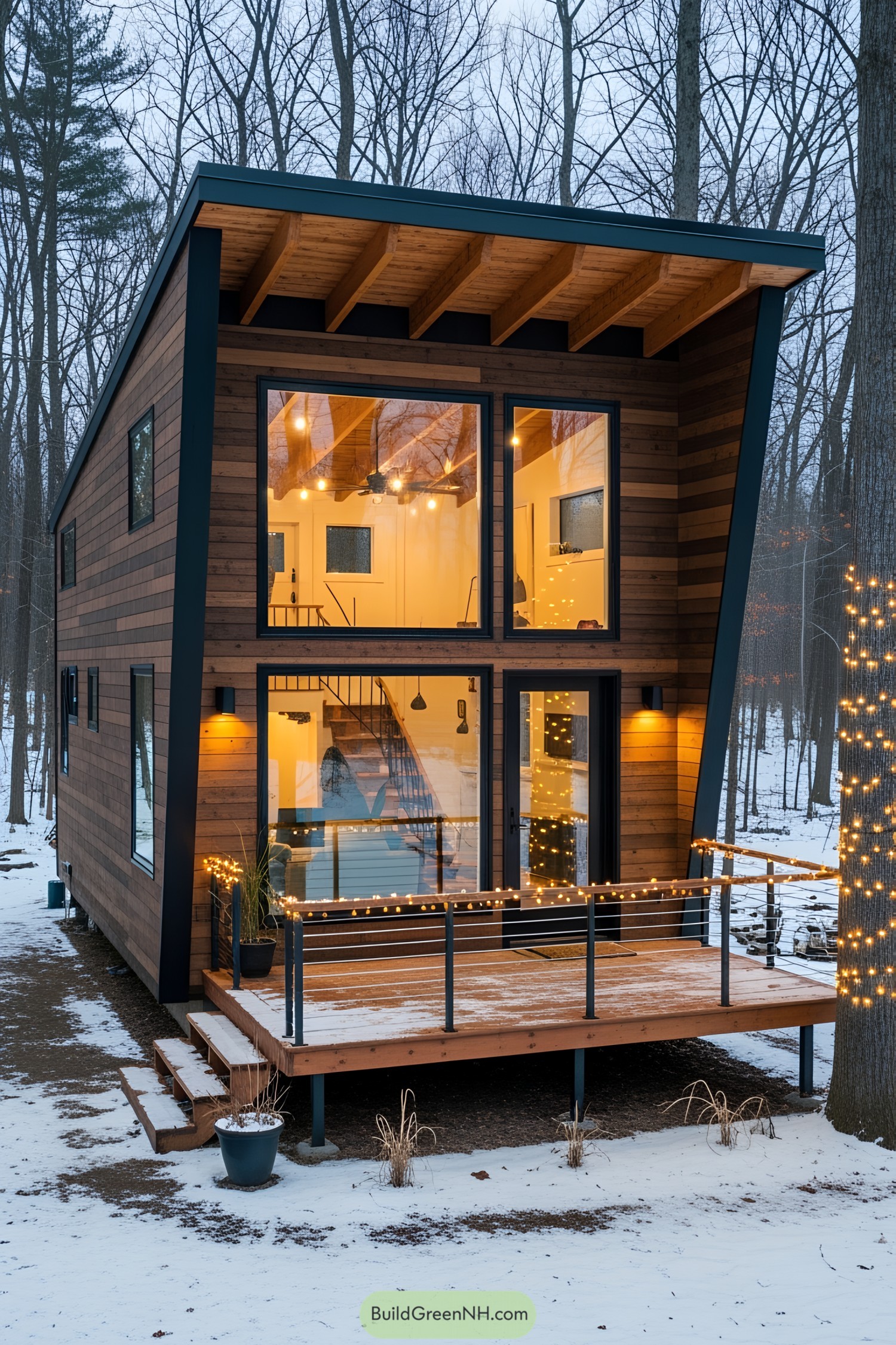 Compact modern cabin on a snowy hillside