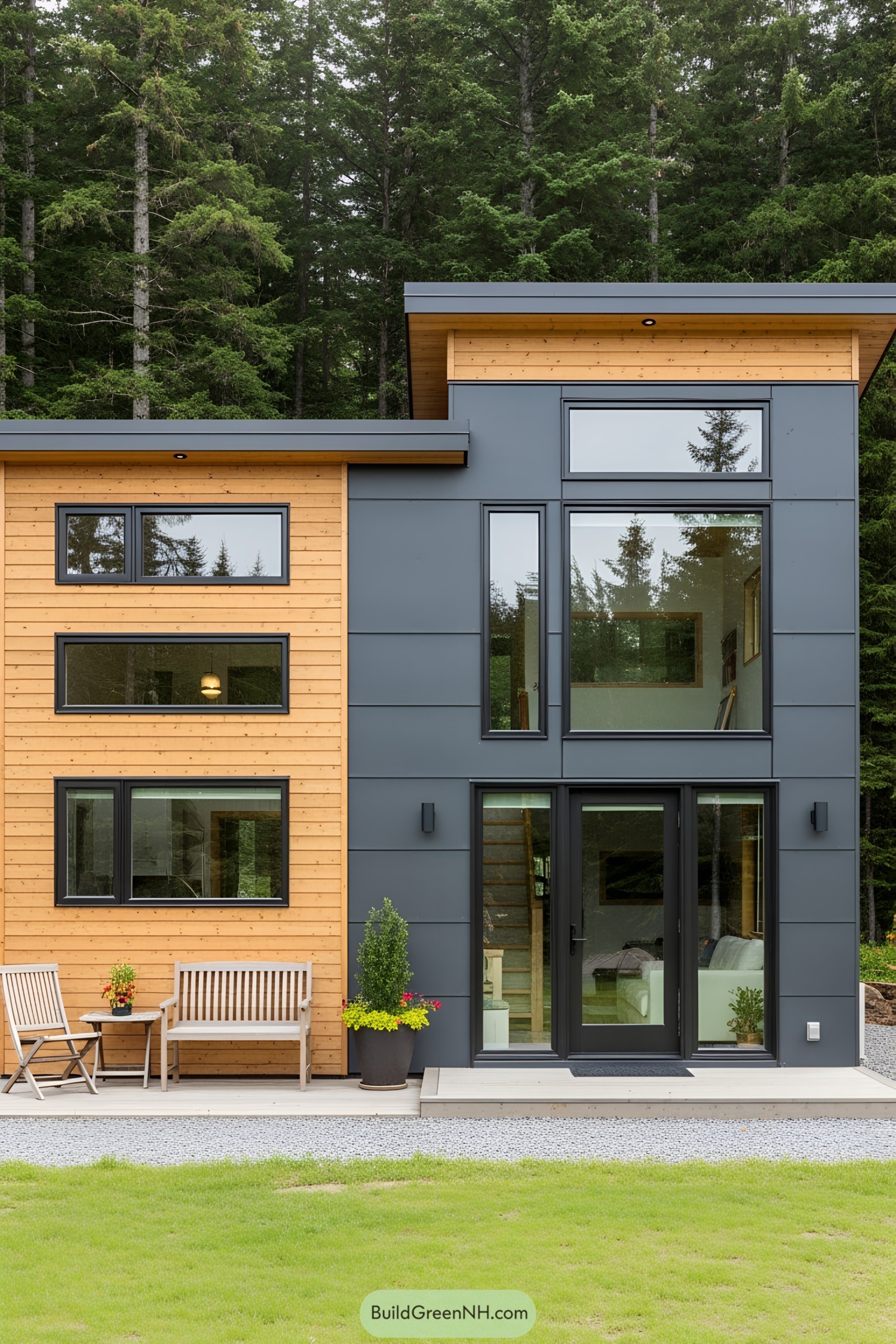 Compact modern house nestled in a forest setting, featuring wood and dark panel exteriors