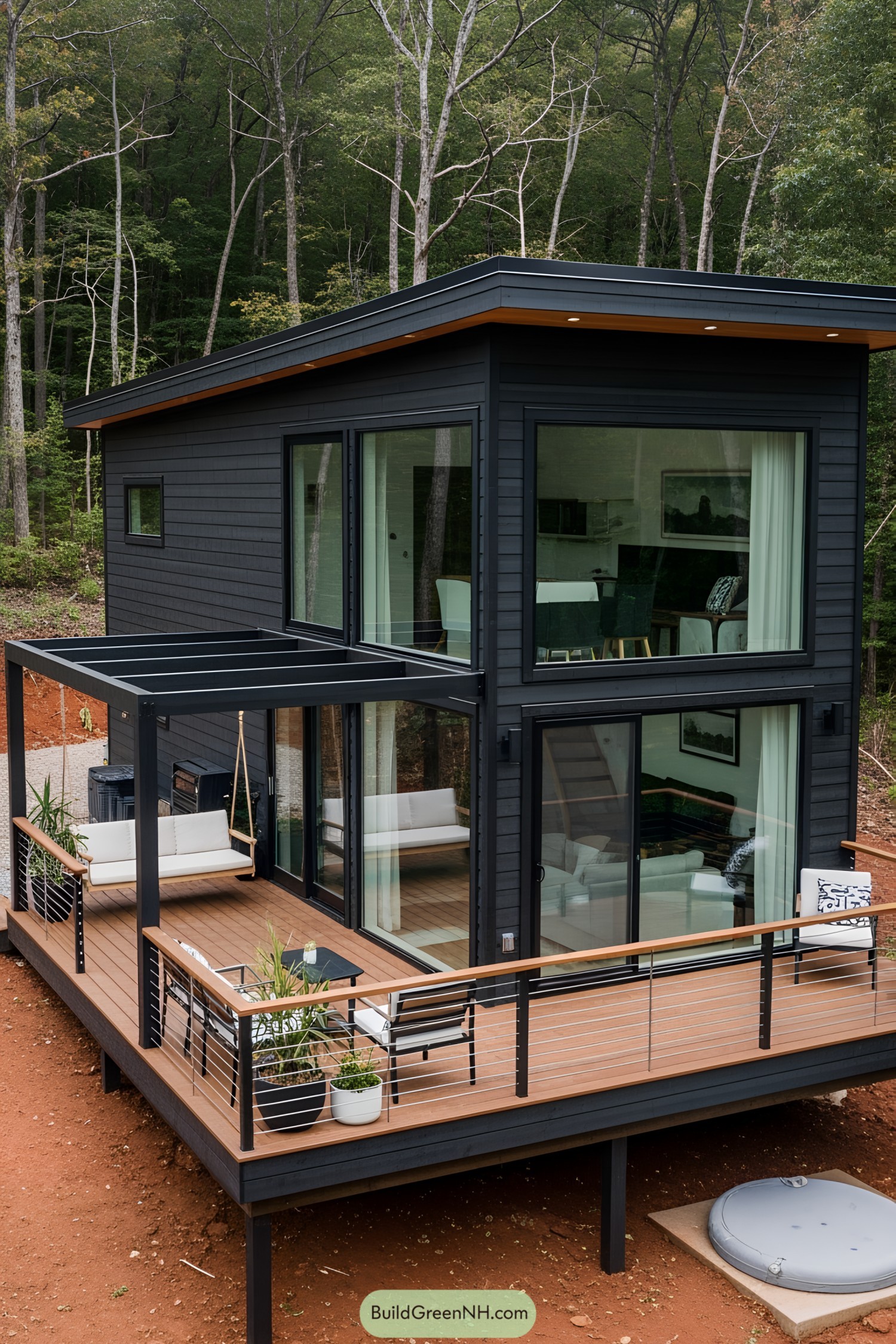 Modern tiny house with large windows and a sleek porch amid the forest