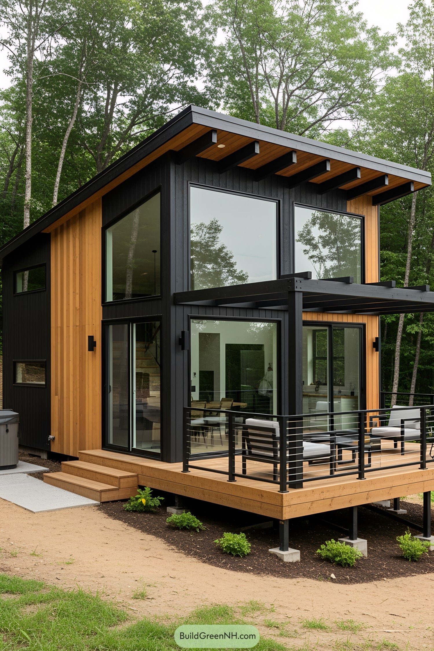 Modern tiny house with large windows in forest setting