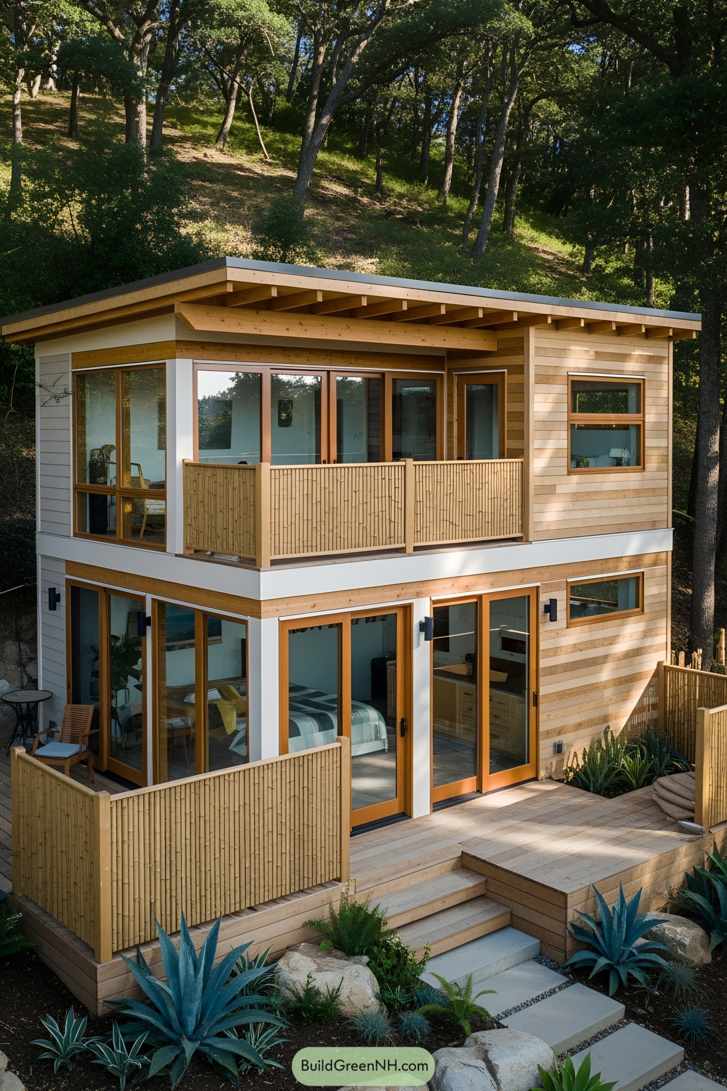 Two-story wooden cabin nestled in a forest setting