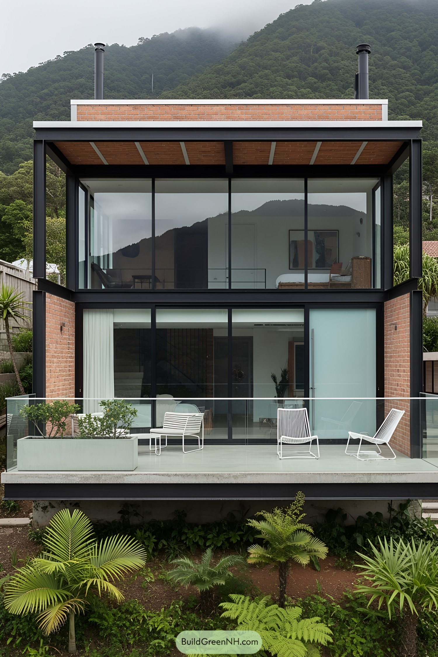 Compact mountain house with glass facade and lush surroundings