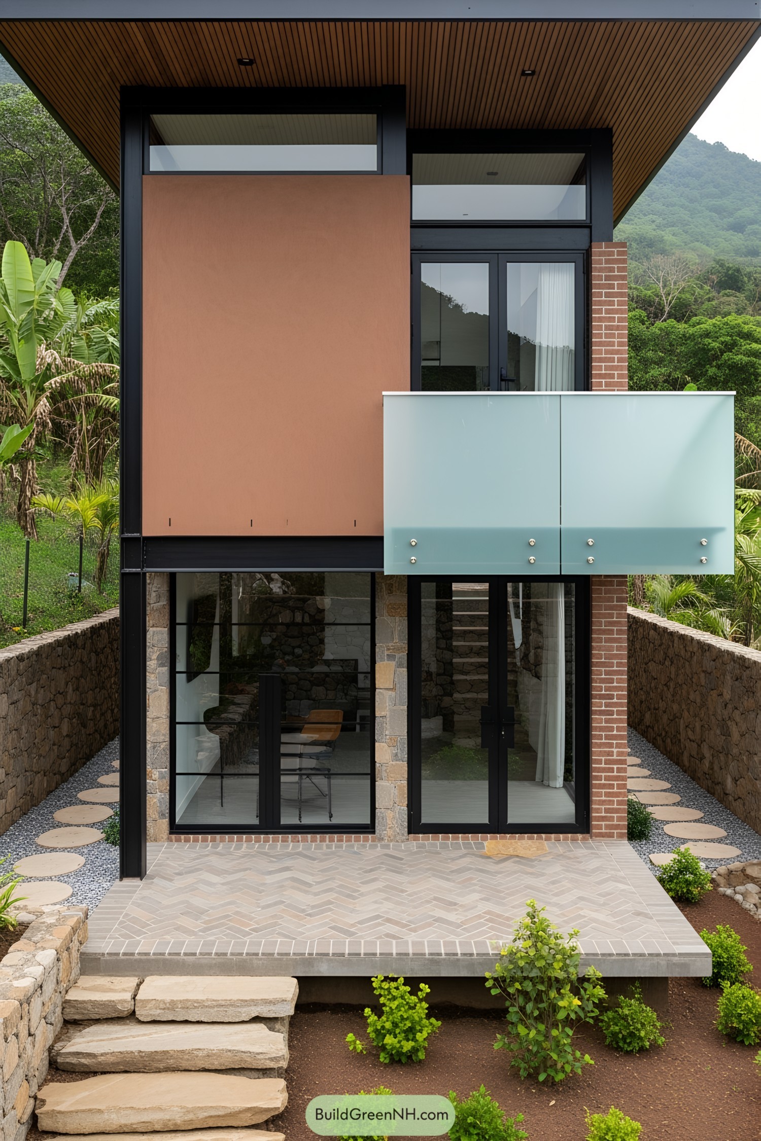 Compact modern mountain house with glass balcony