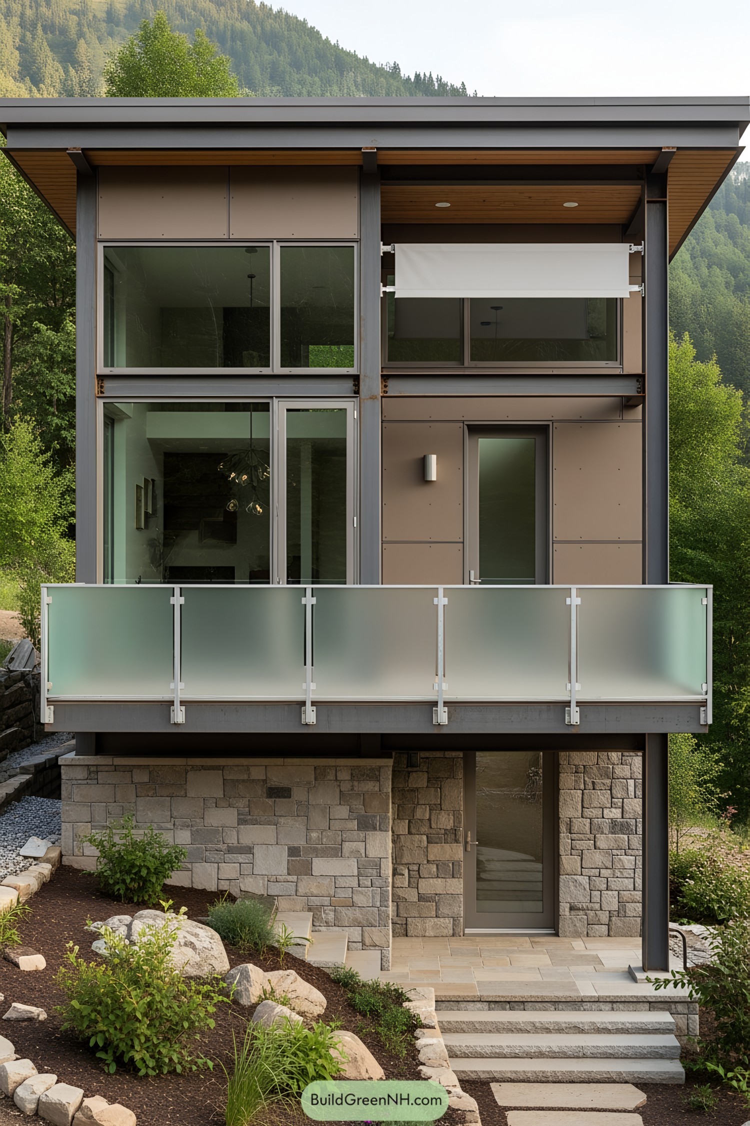 Compact modern house with frosted glass balcony in a forested mountain setting
