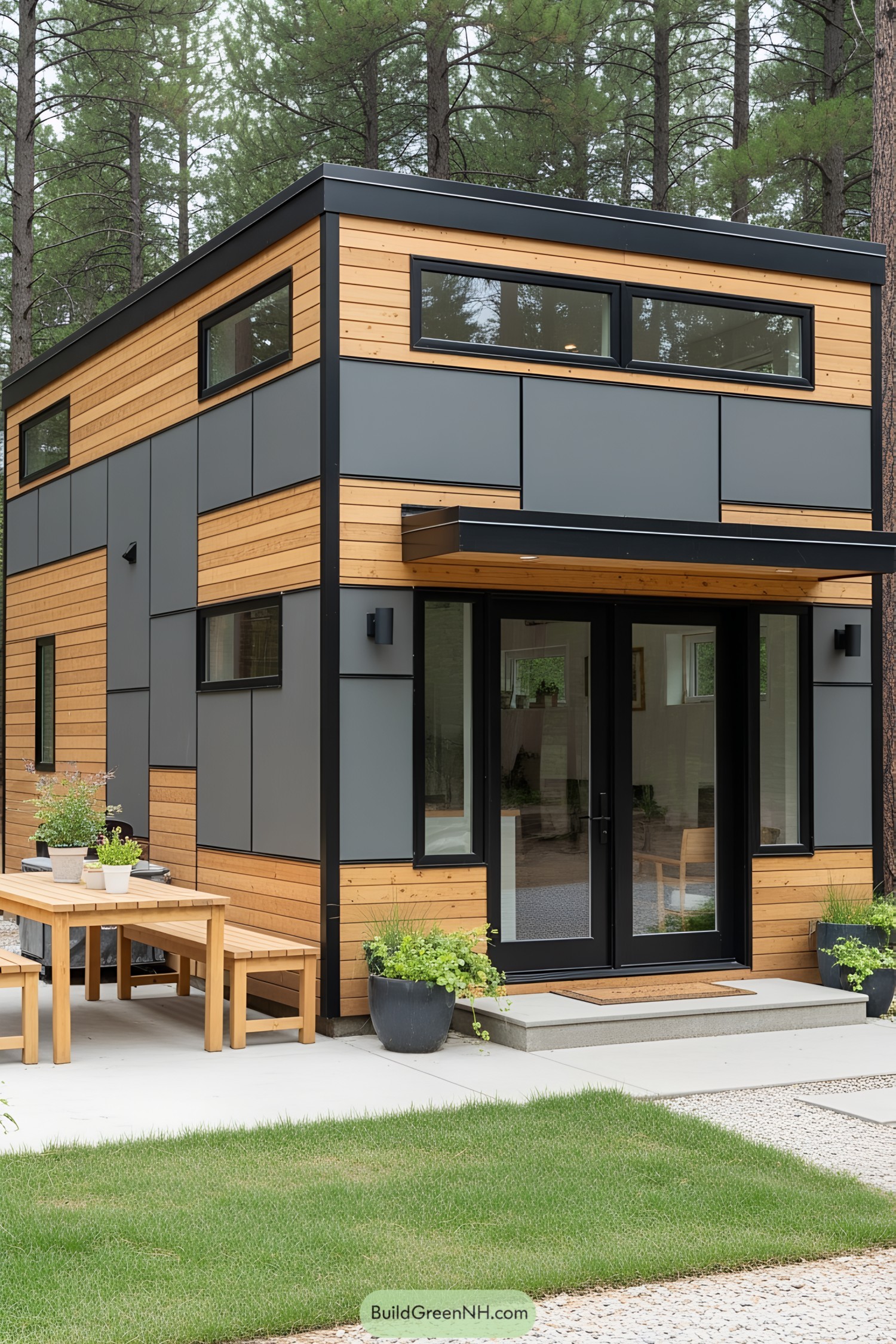 Compact modern house with wooden accents in a forest