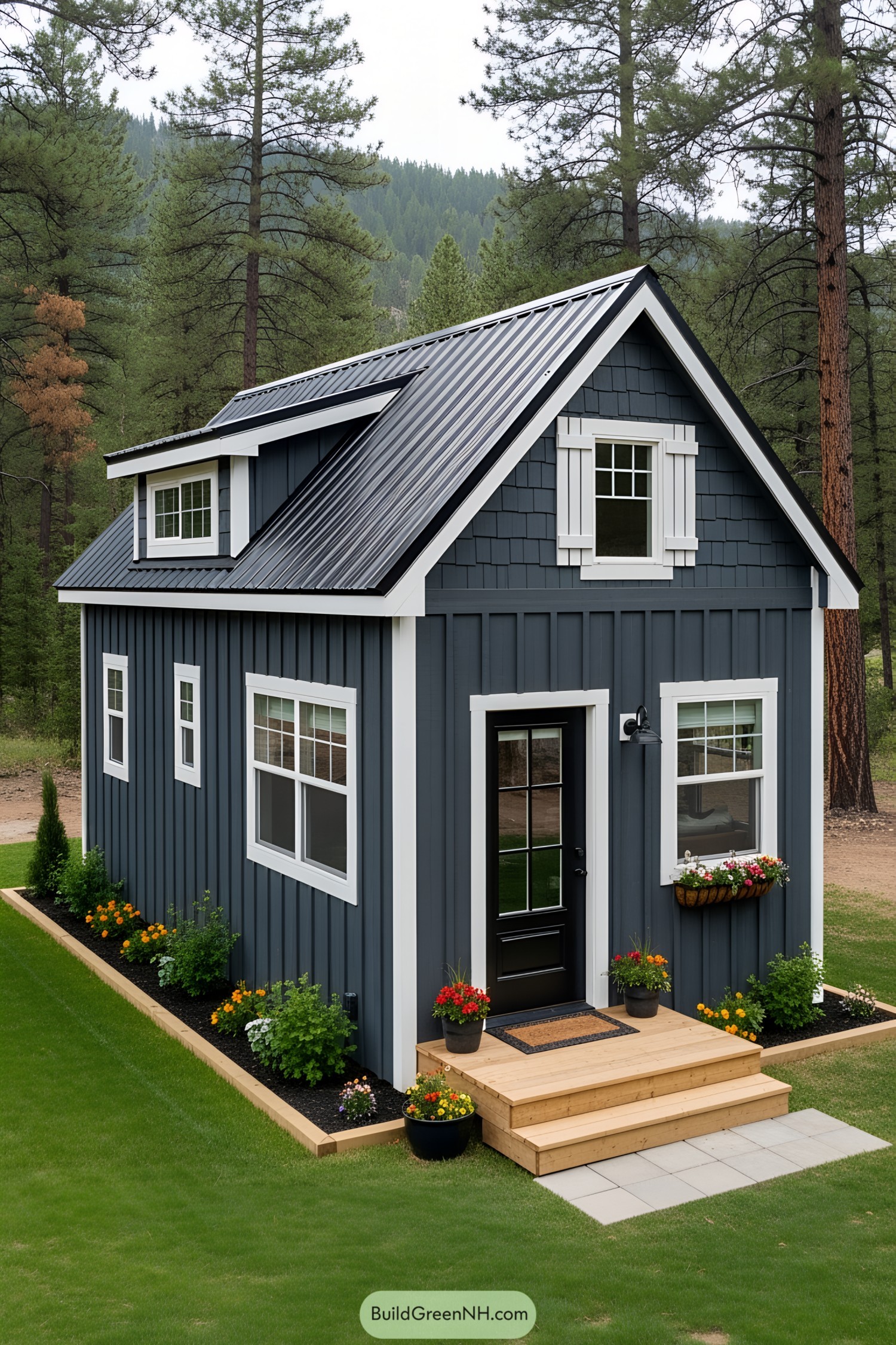 Compact mountain house with flower beds