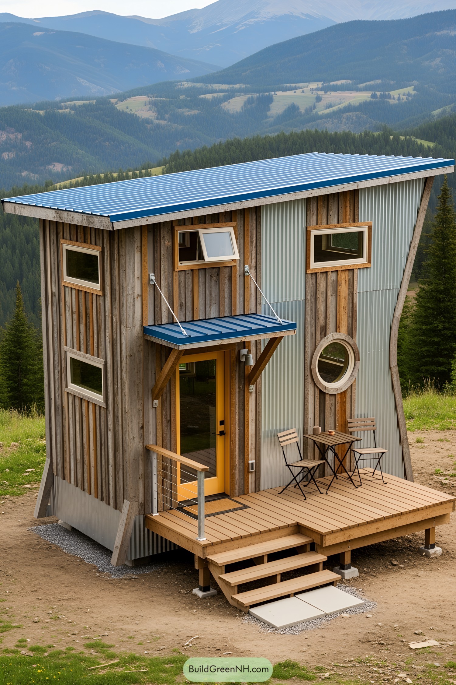 Compact modern tiny house with wood and metal design in mountains