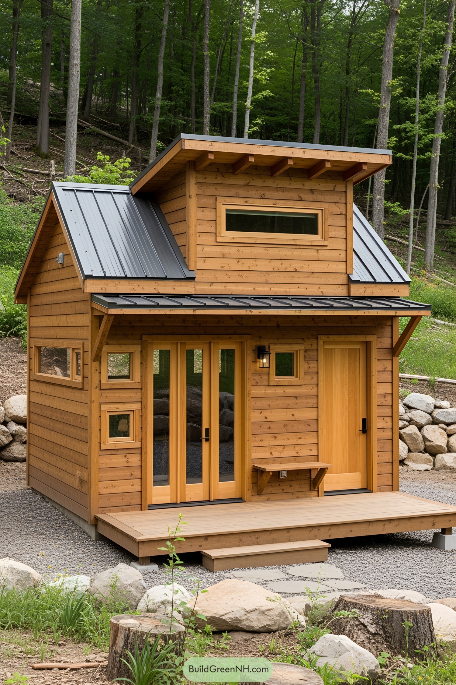 Tiny wooden house nestled in a forest setting