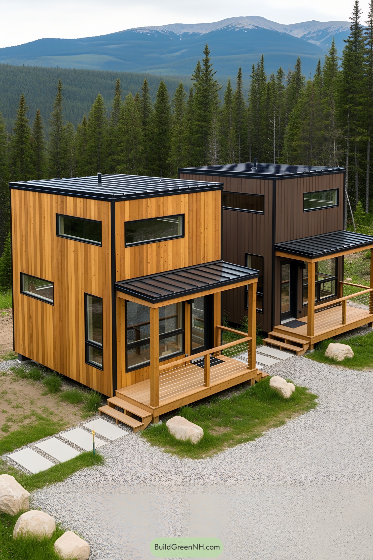 Two tiny mountain homes with wooden exteriors and scenic views