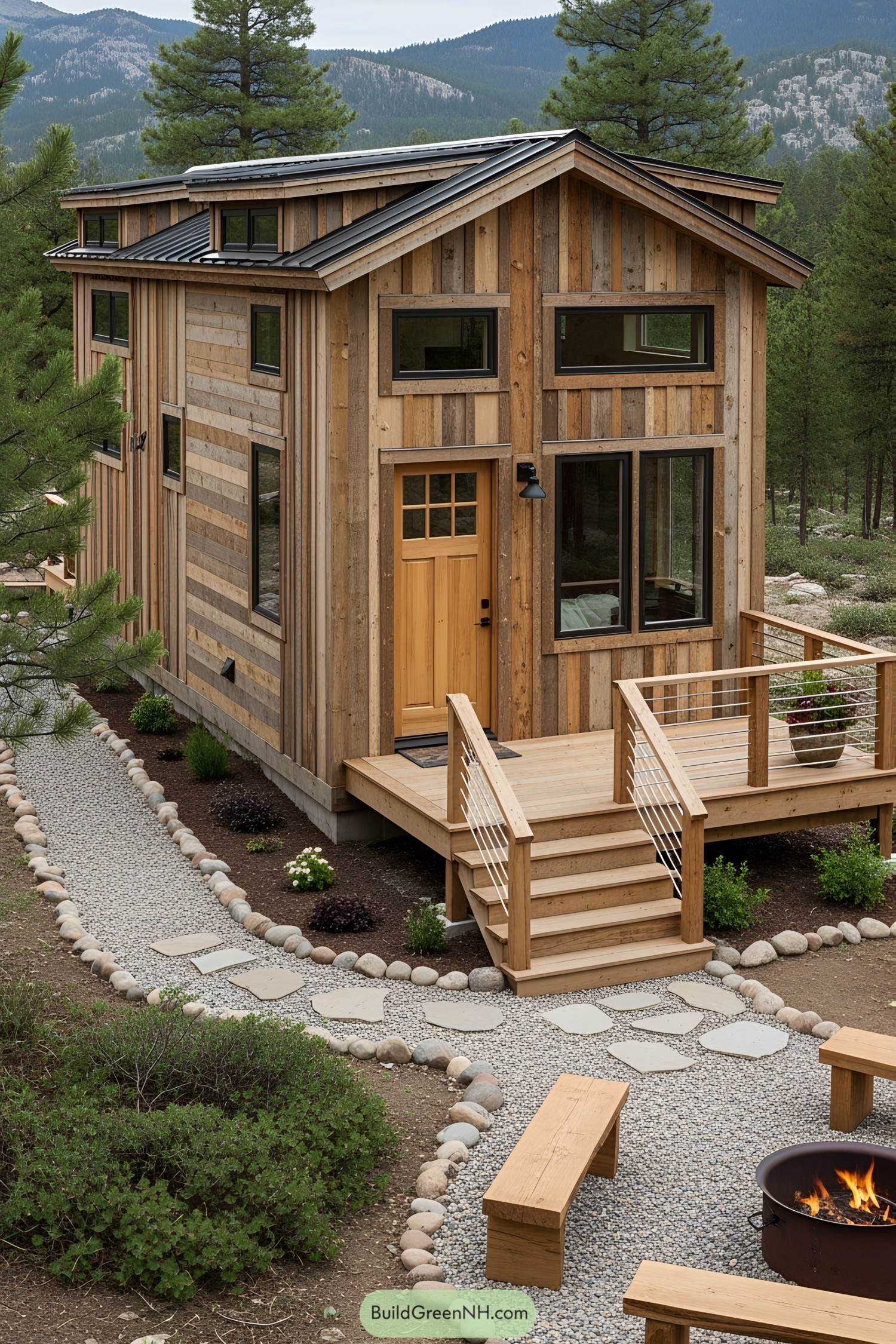 Tiny timber house surrounded by trees with a rustic porch