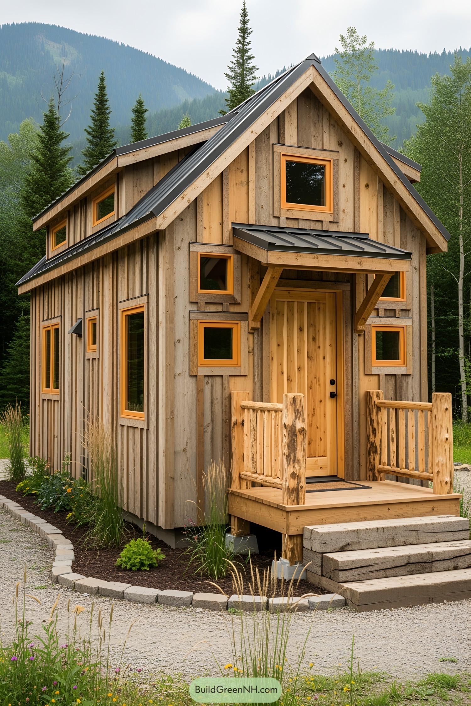 Tiny wooden house with a quaint porch nestled in the mountains