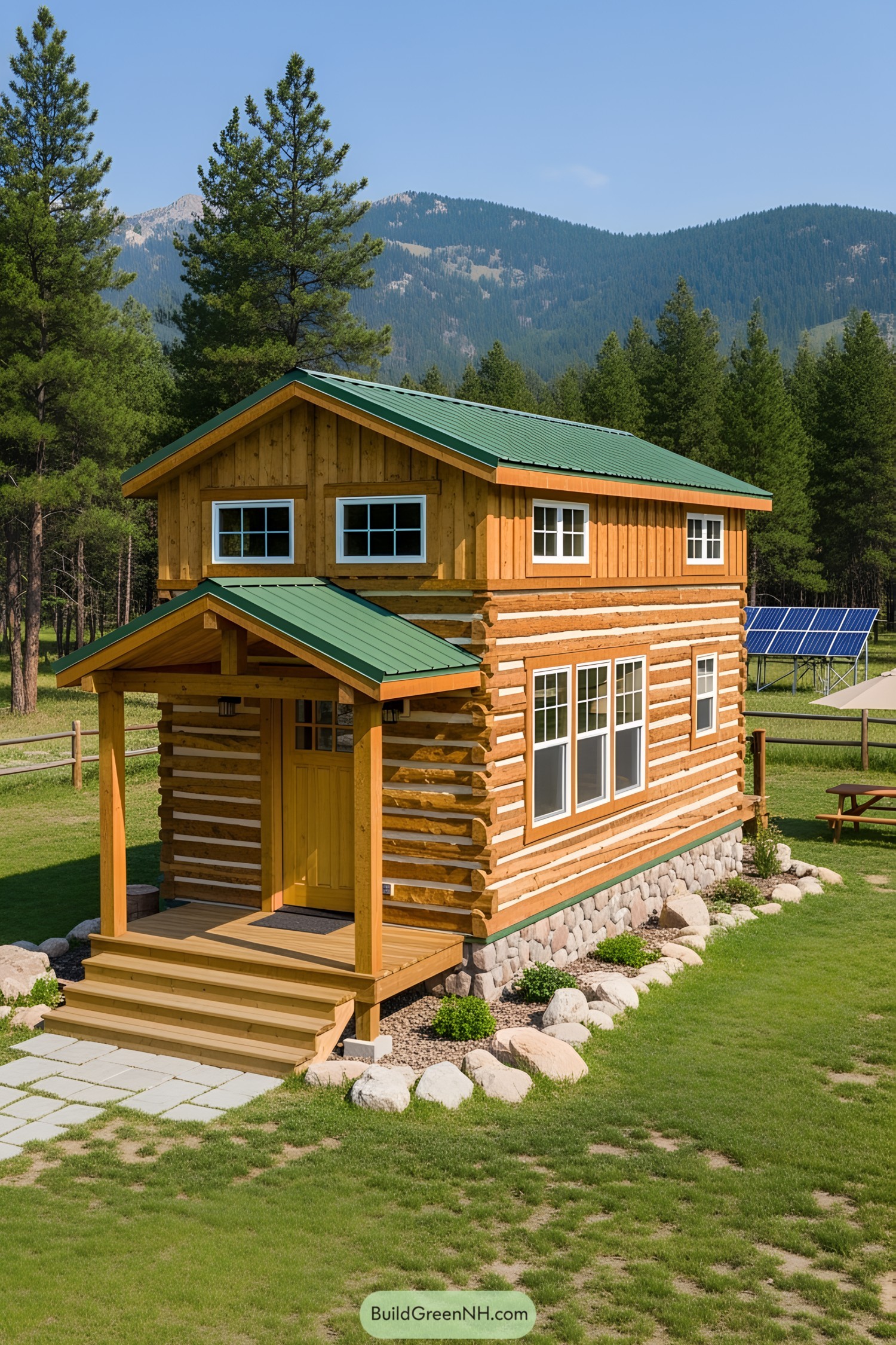 Wooden cabin with a green roof set among trees