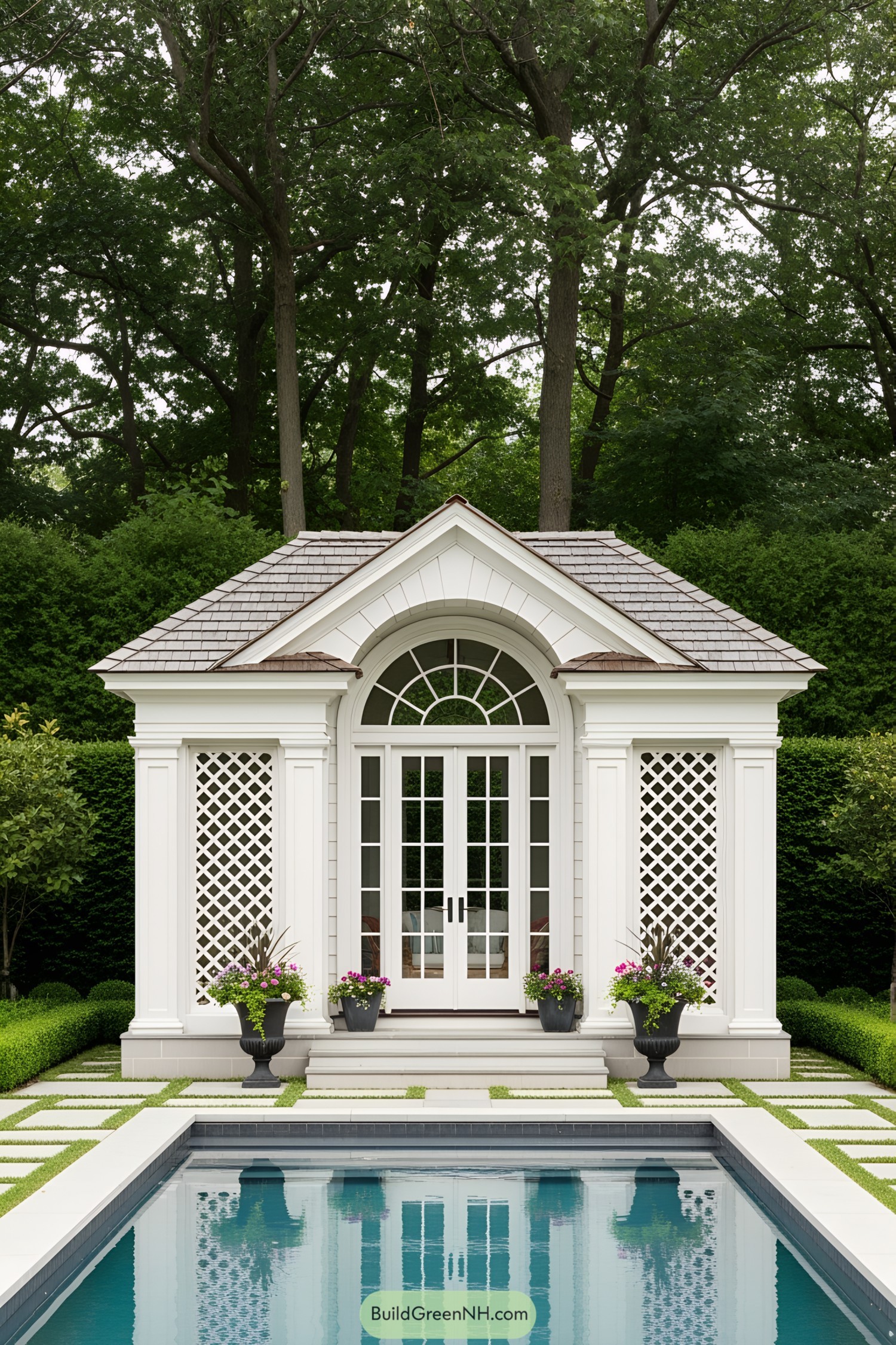 Tiny white poolside house with arched windows and greenery