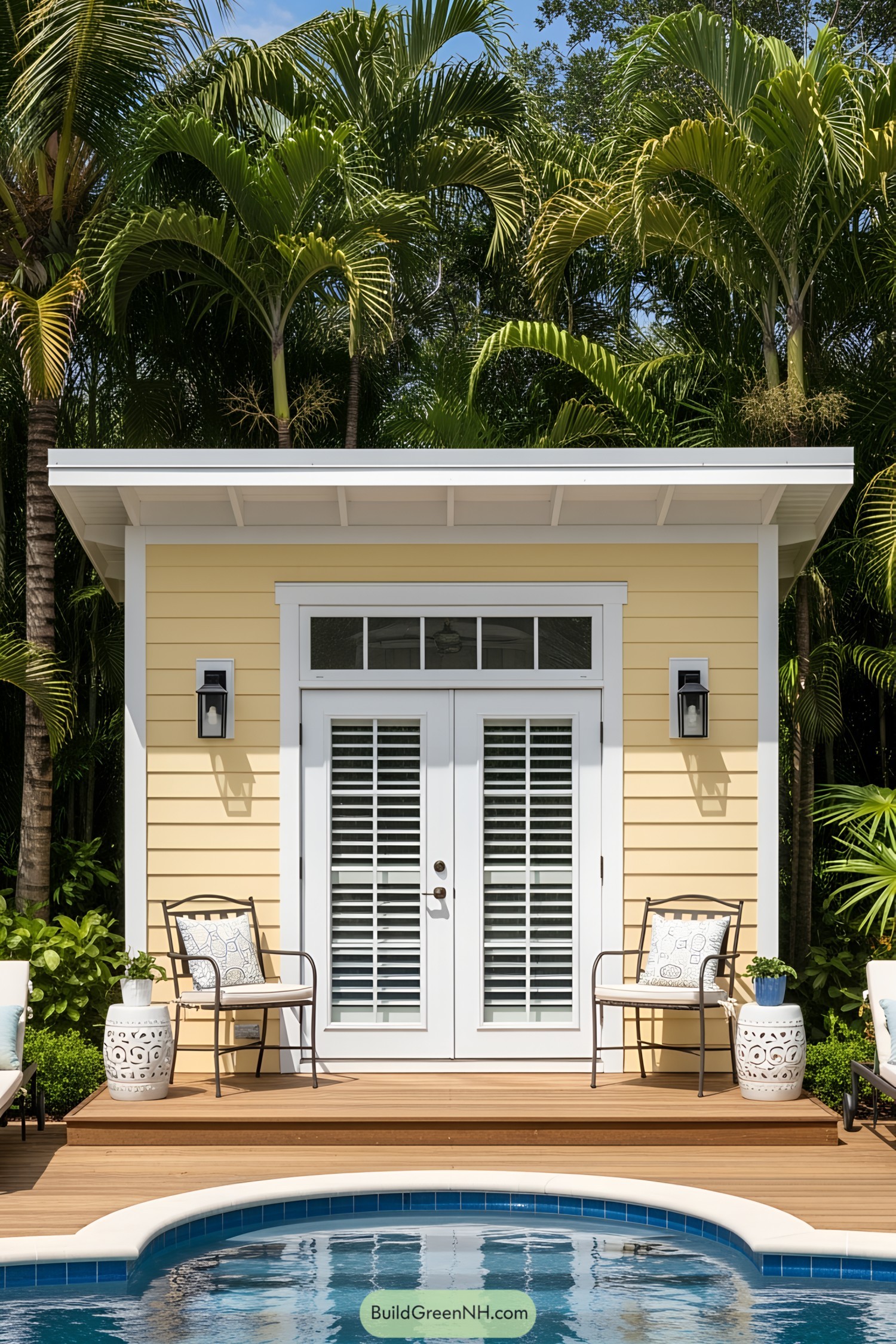 Compact pool house with yellow siding and white shutters