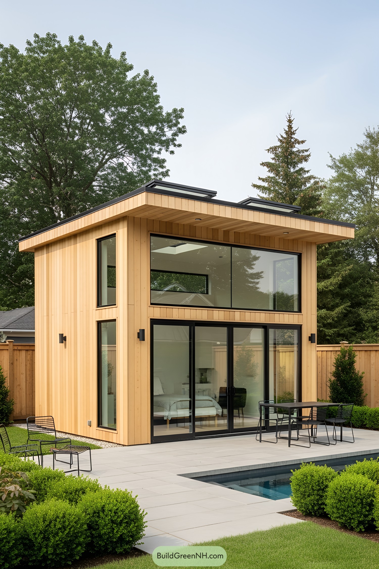 Wooden pool house with glass doors and small patio