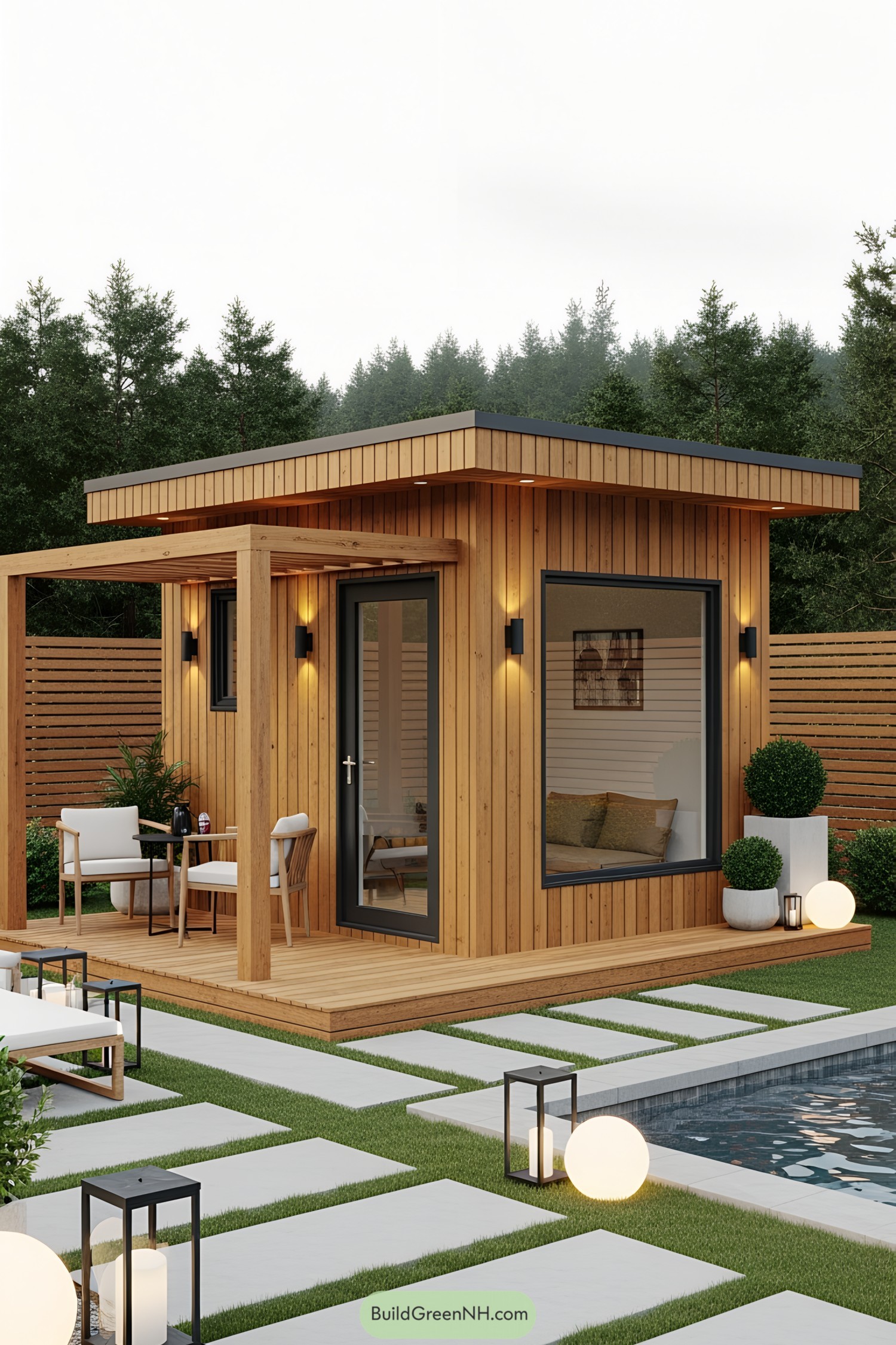 Cozy wooden poolside sanctuary with modern design