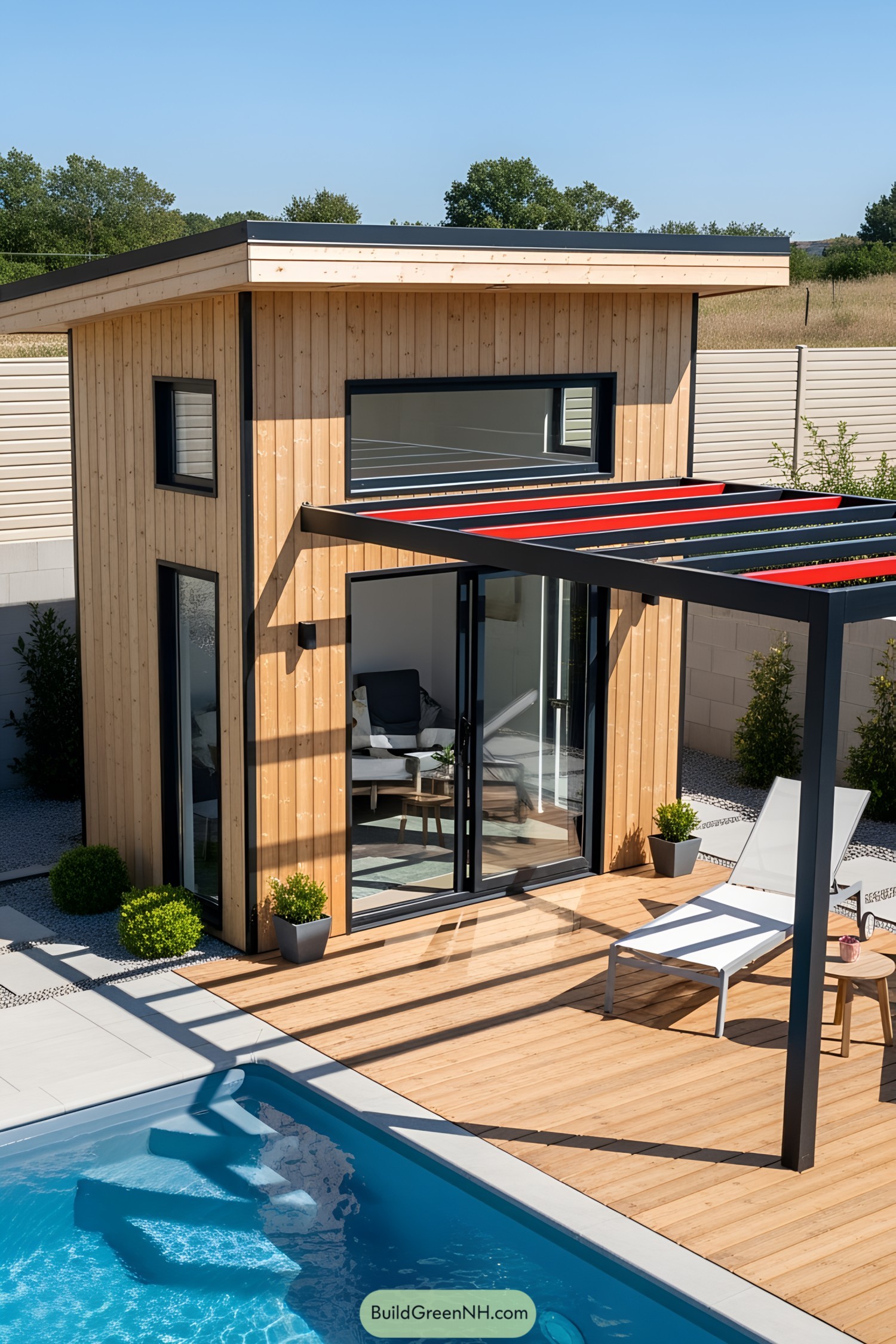 Cozy wooden poolside house with pergola
