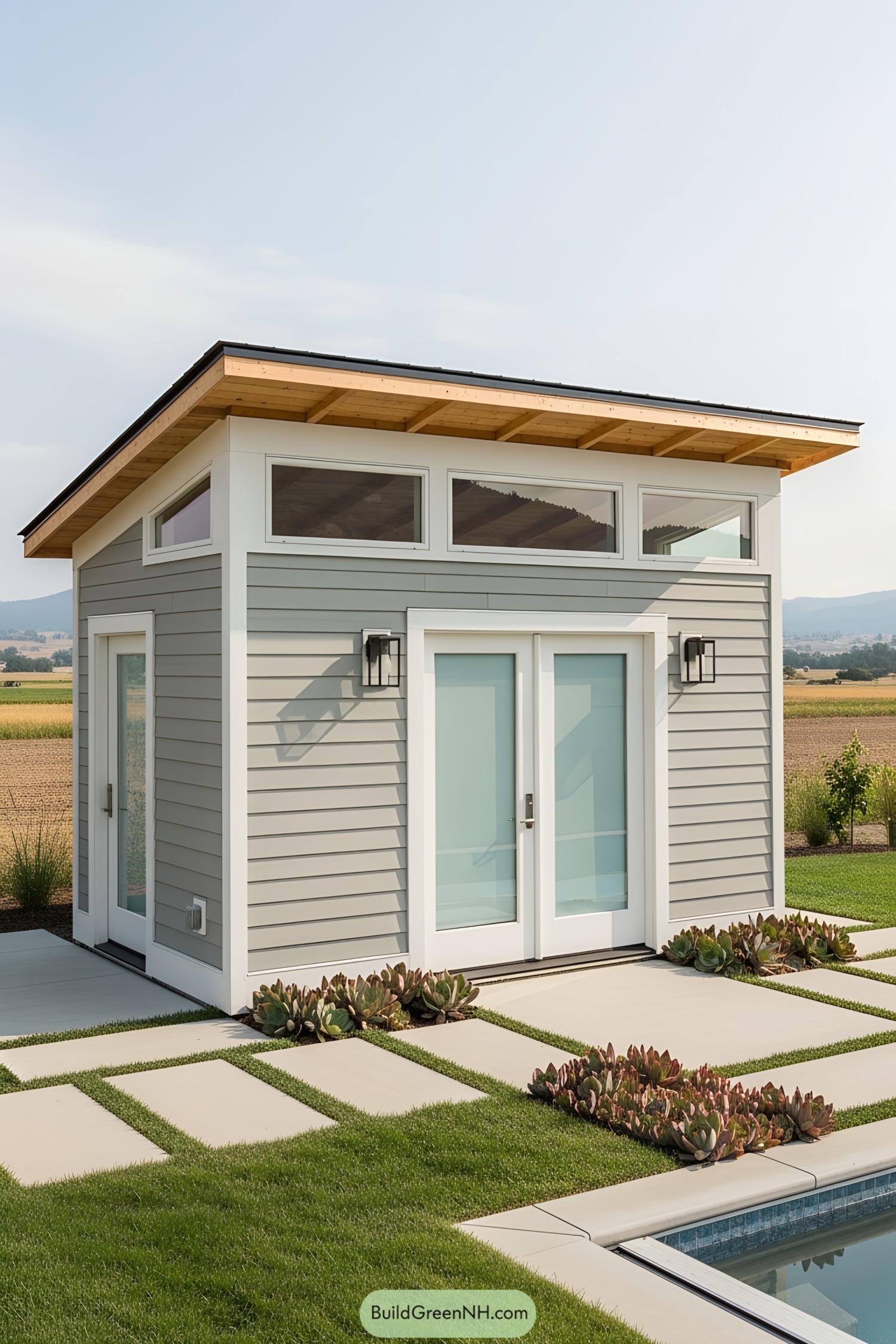 Compact pool house with modern design features