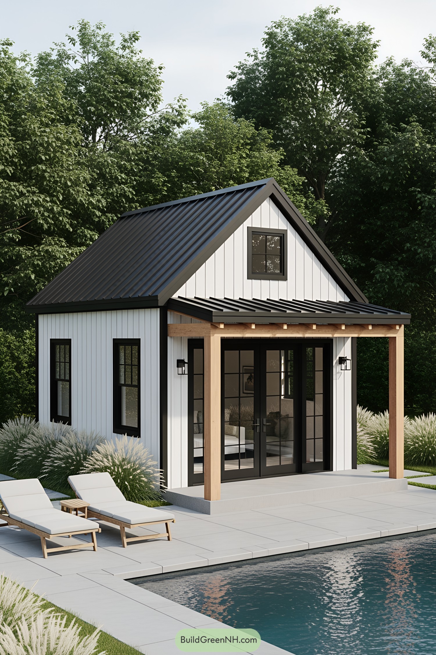 Tiny house by pool with lounge chairs