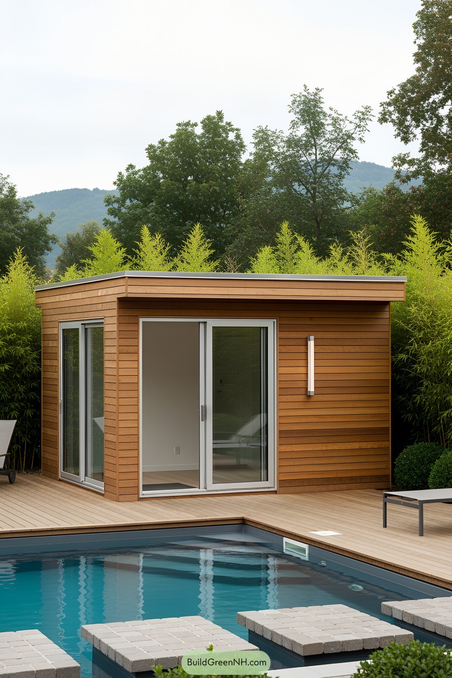 Small wooden pool house with glass doors