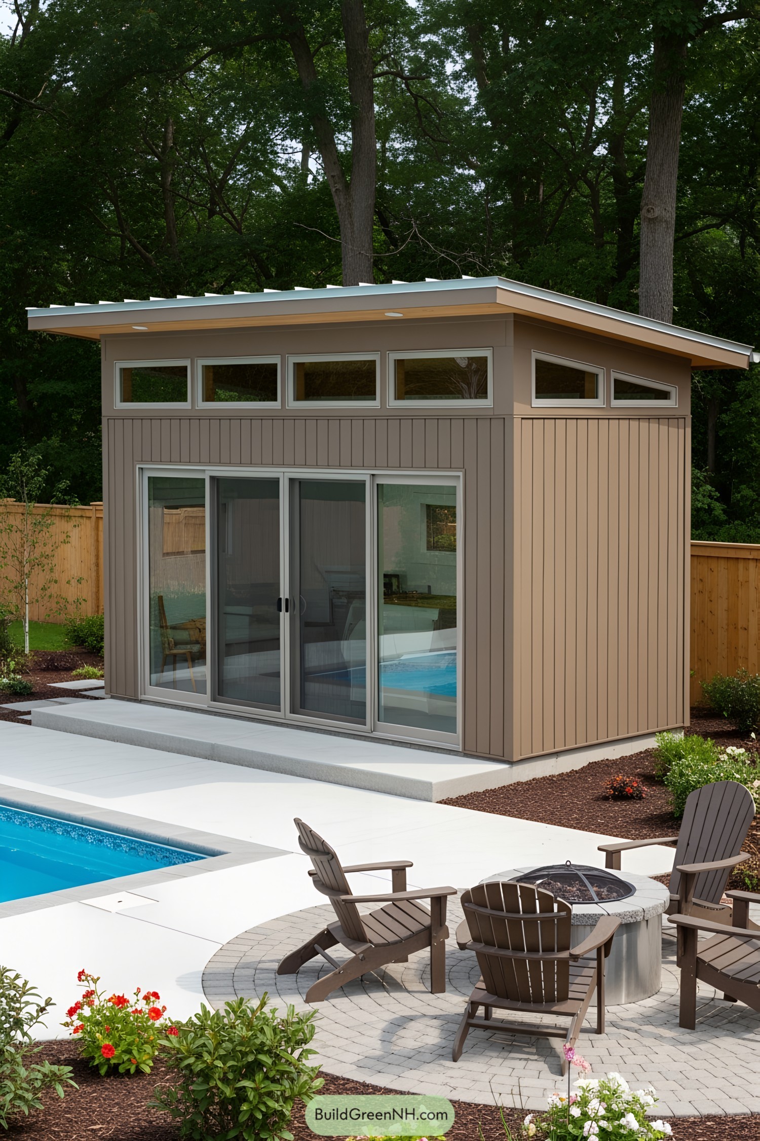 Tiny poolside hut with sliding doors