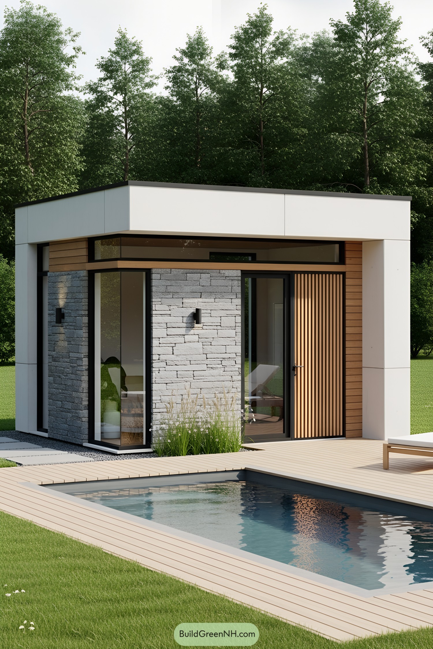 Modern tiny pool house with wooden paneling and glass windows