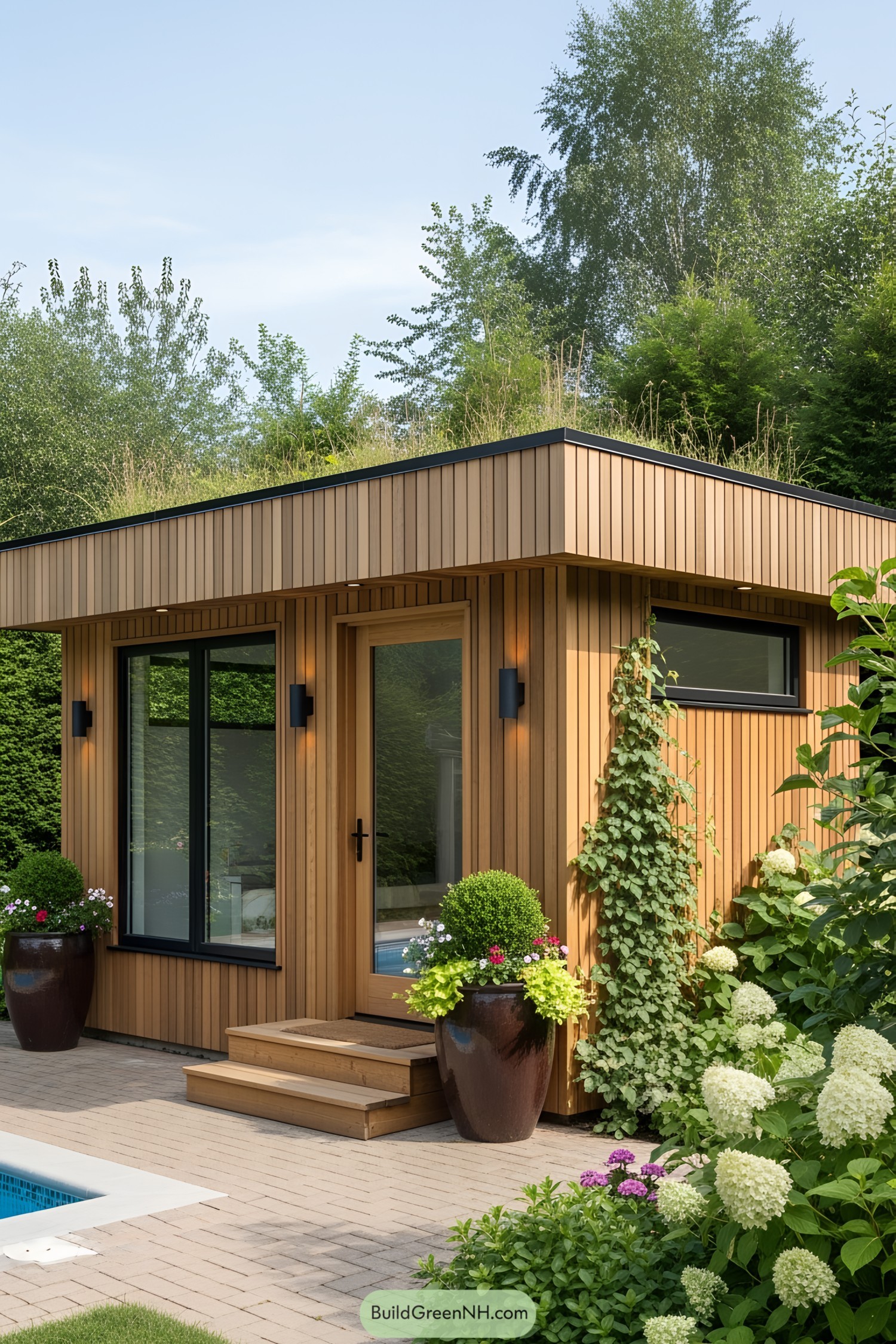 Wood-clad tiny house with large glass windows by a pool