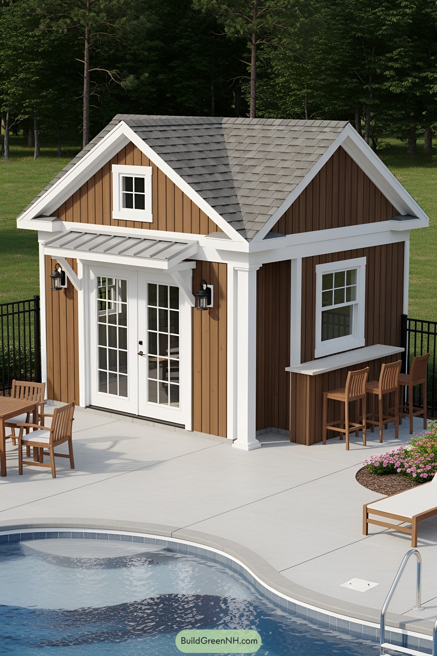 Compact pool house with wooden siding and white trim