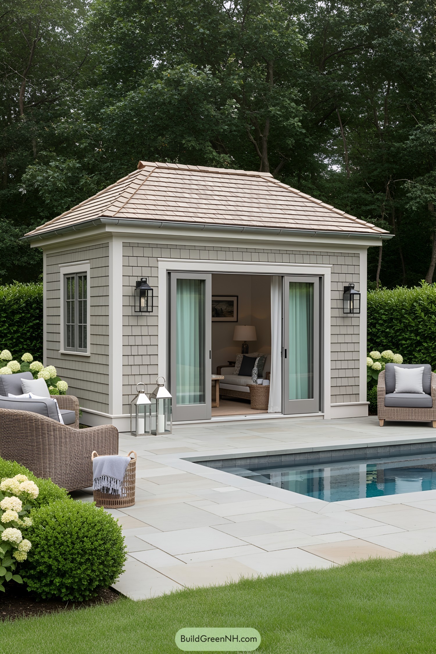 Charming backyard poolside house with elegant wicker seating
