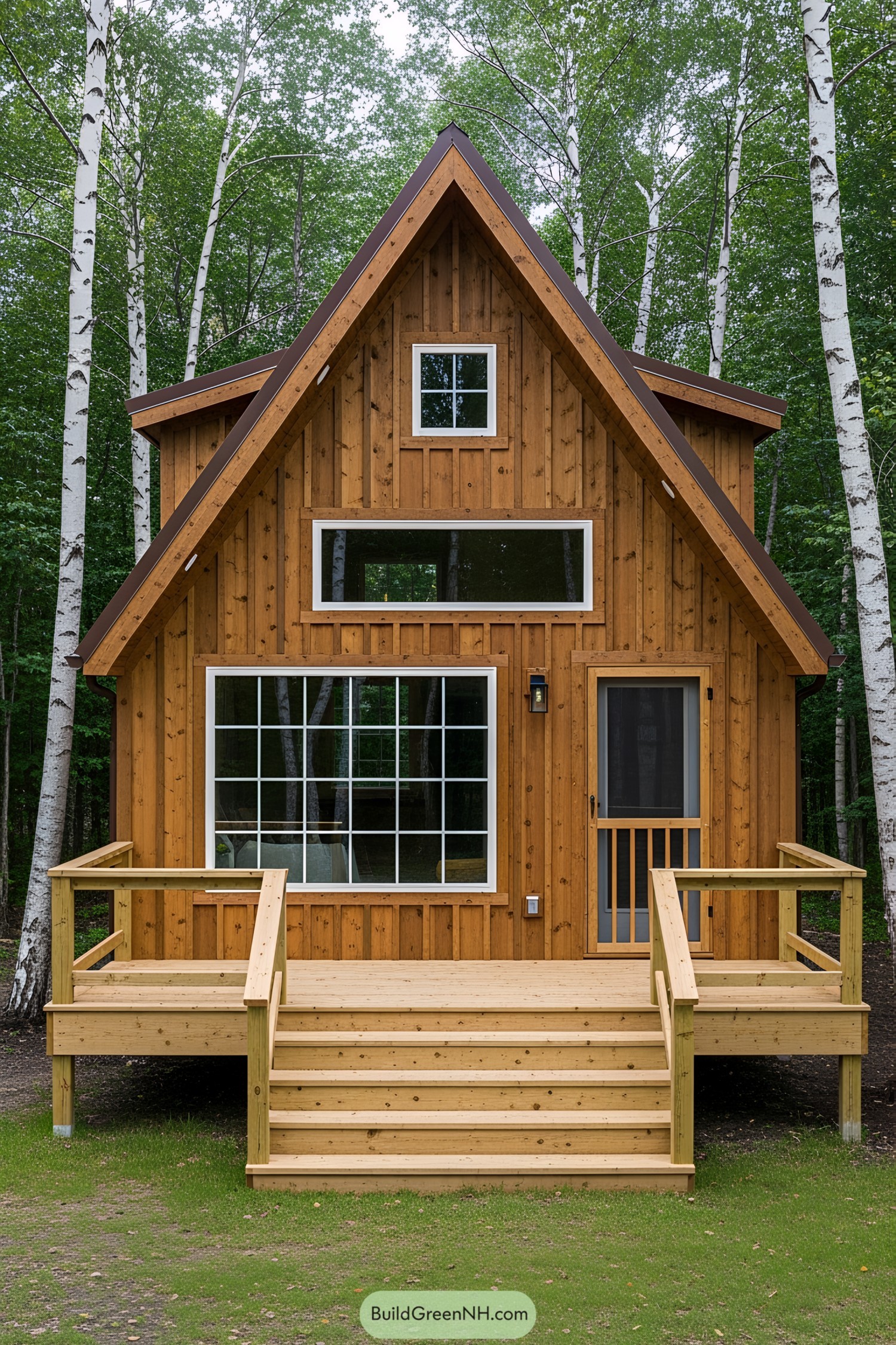 Compact wooden house in a lush forest setting