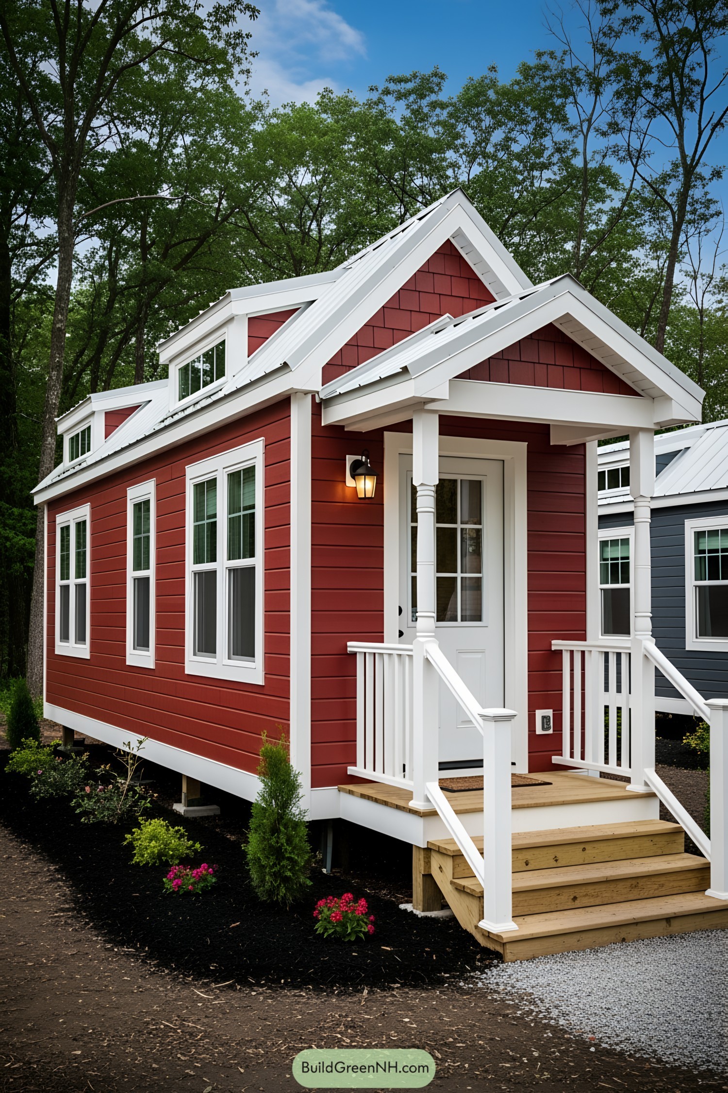 Charming red tiny house with white trim and porch