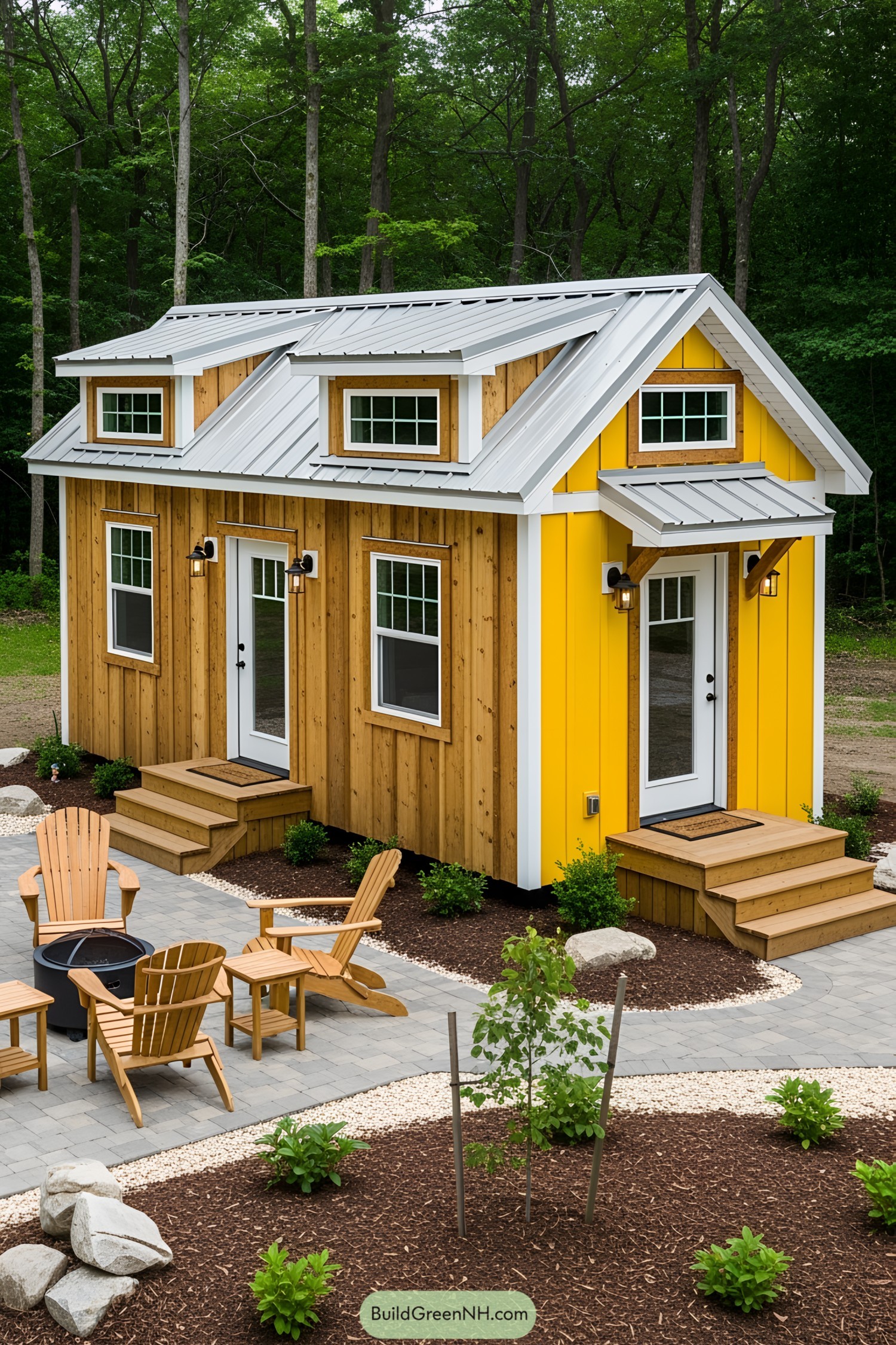 Tiny house nestled in the woods with vibrant yellow accents