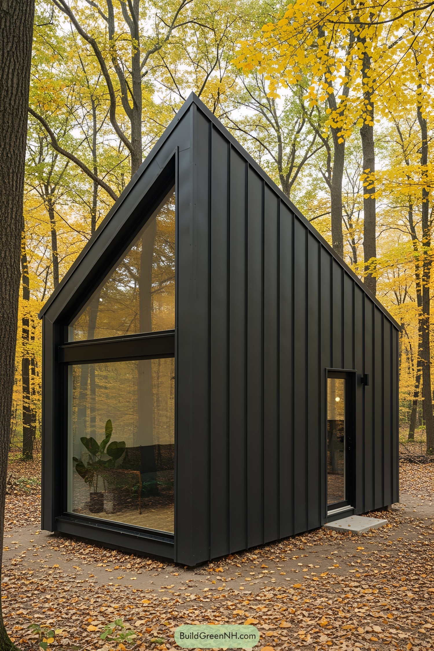 Sleek black tiny house nestled in autumn woods
