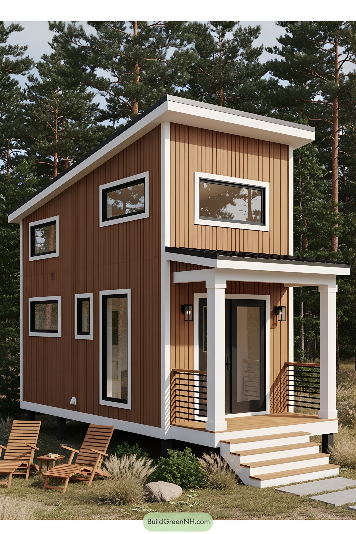 Tiny modern cabin in a forest setting