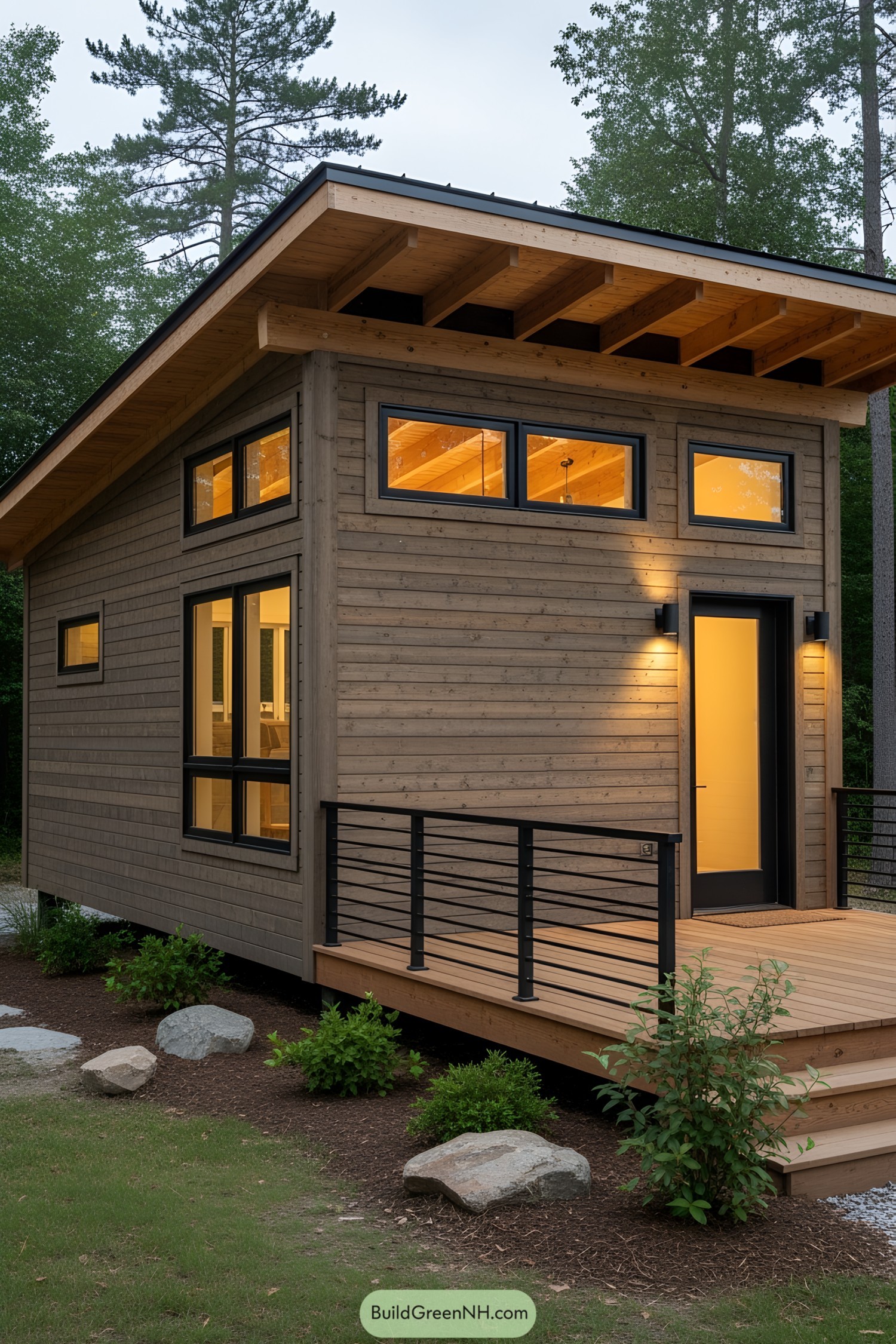 Small wooden house with warm glowing lights