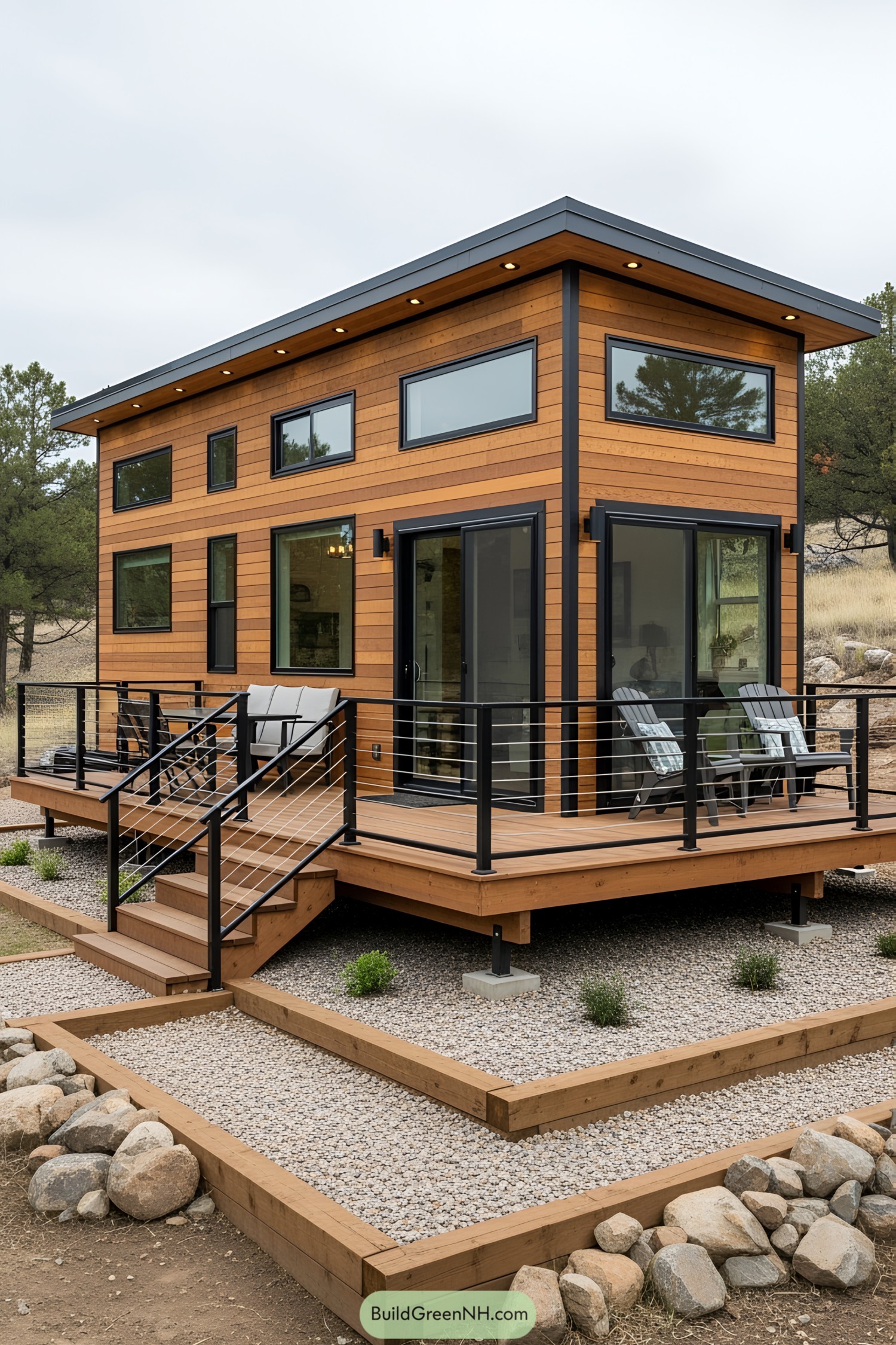 Compact and stylish wooden house with large windows