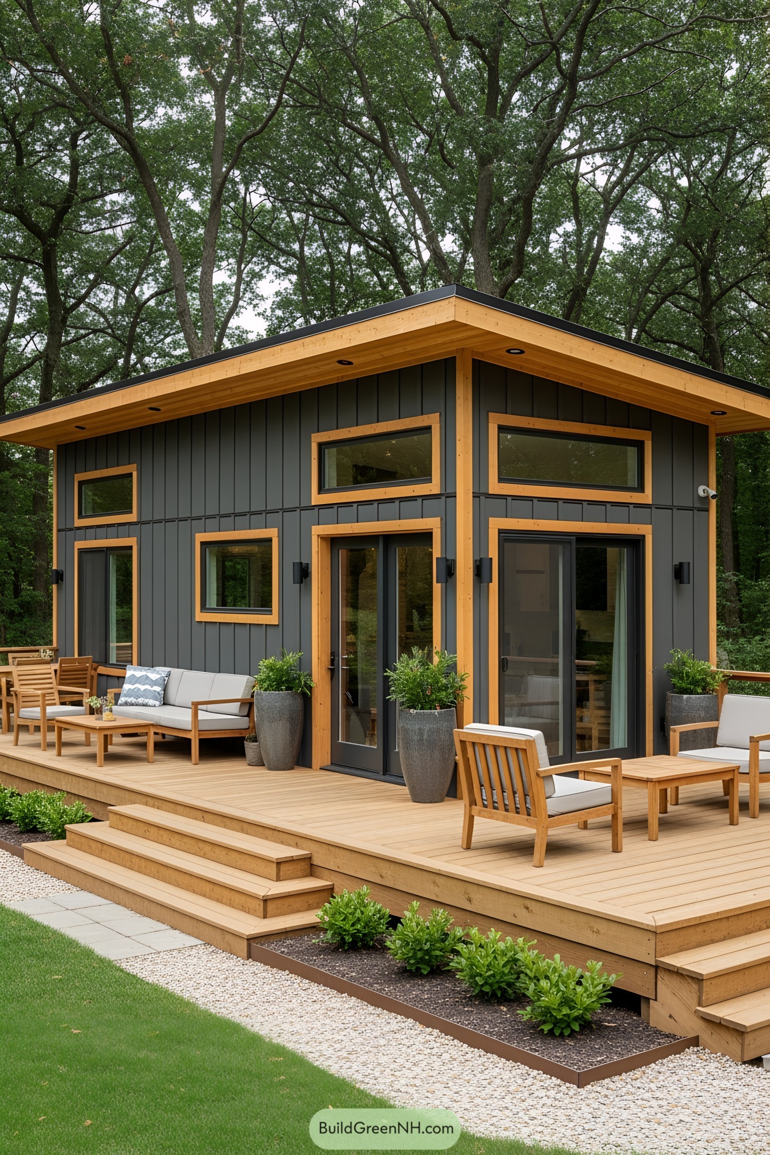 Stylish wood-sided tiny house with a spacious deck