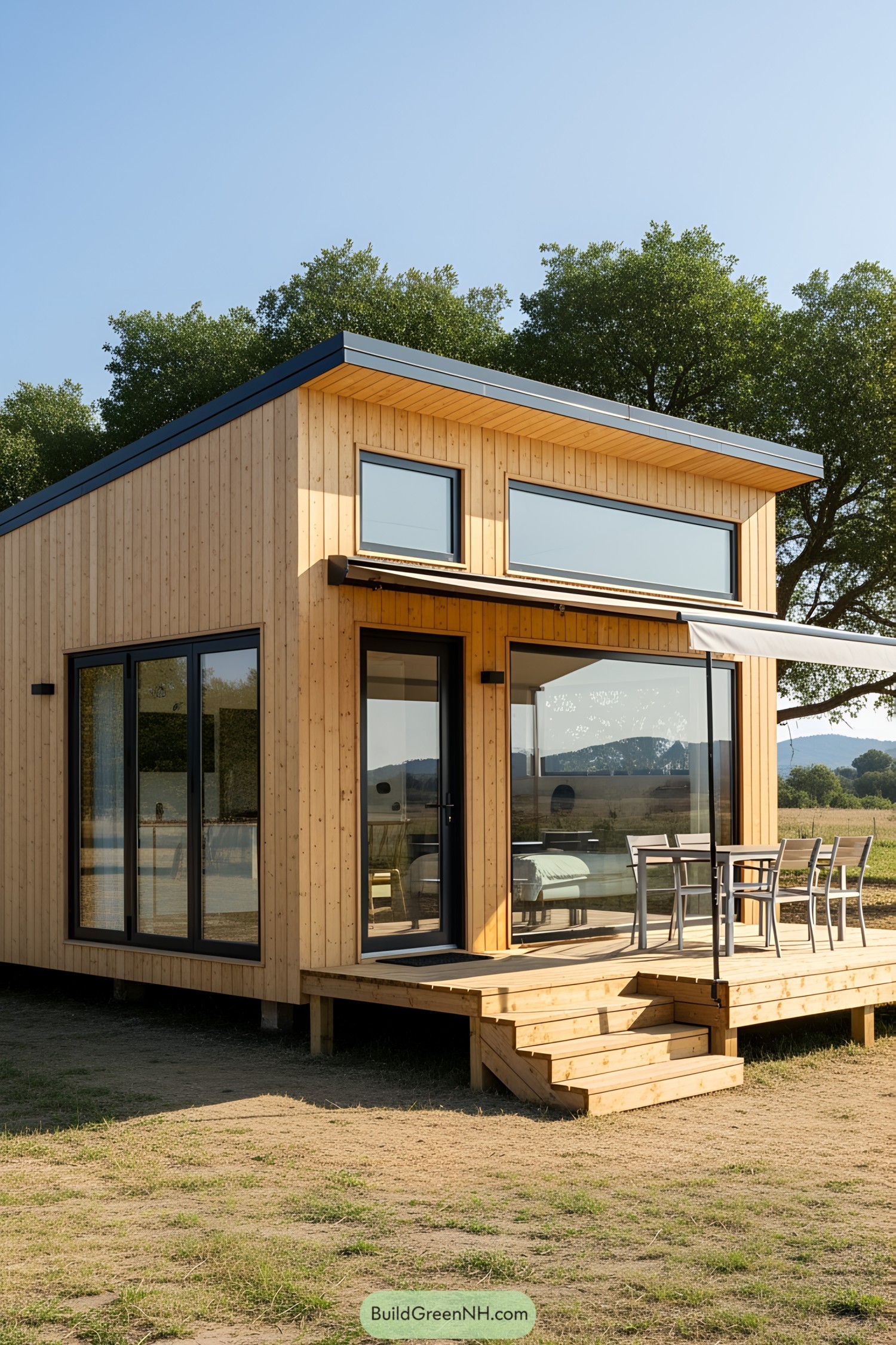 Small wooden house with a deck and large windows