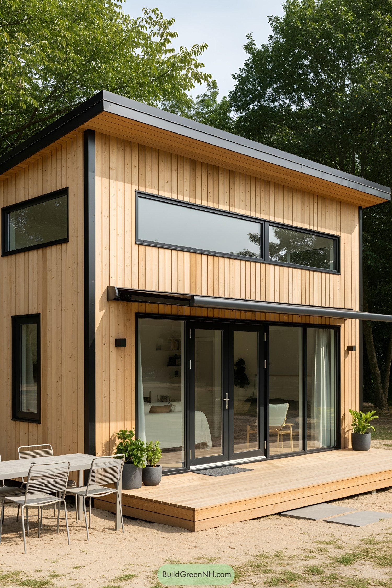 Compact modern tiny house with wood exterior